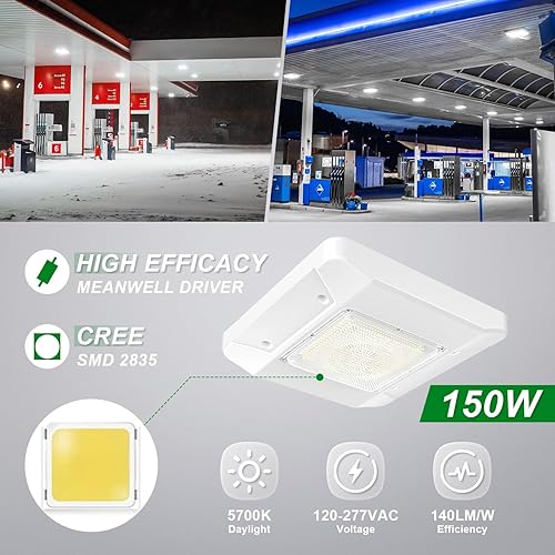 Miniatura 9 de OSTEK Paquete de 2 luces LED para gasolinera, luz de techo de 150 W, 5700 K, clasificación para exteriores (equivalente a 600 W HIDHPS), 90-277 V
