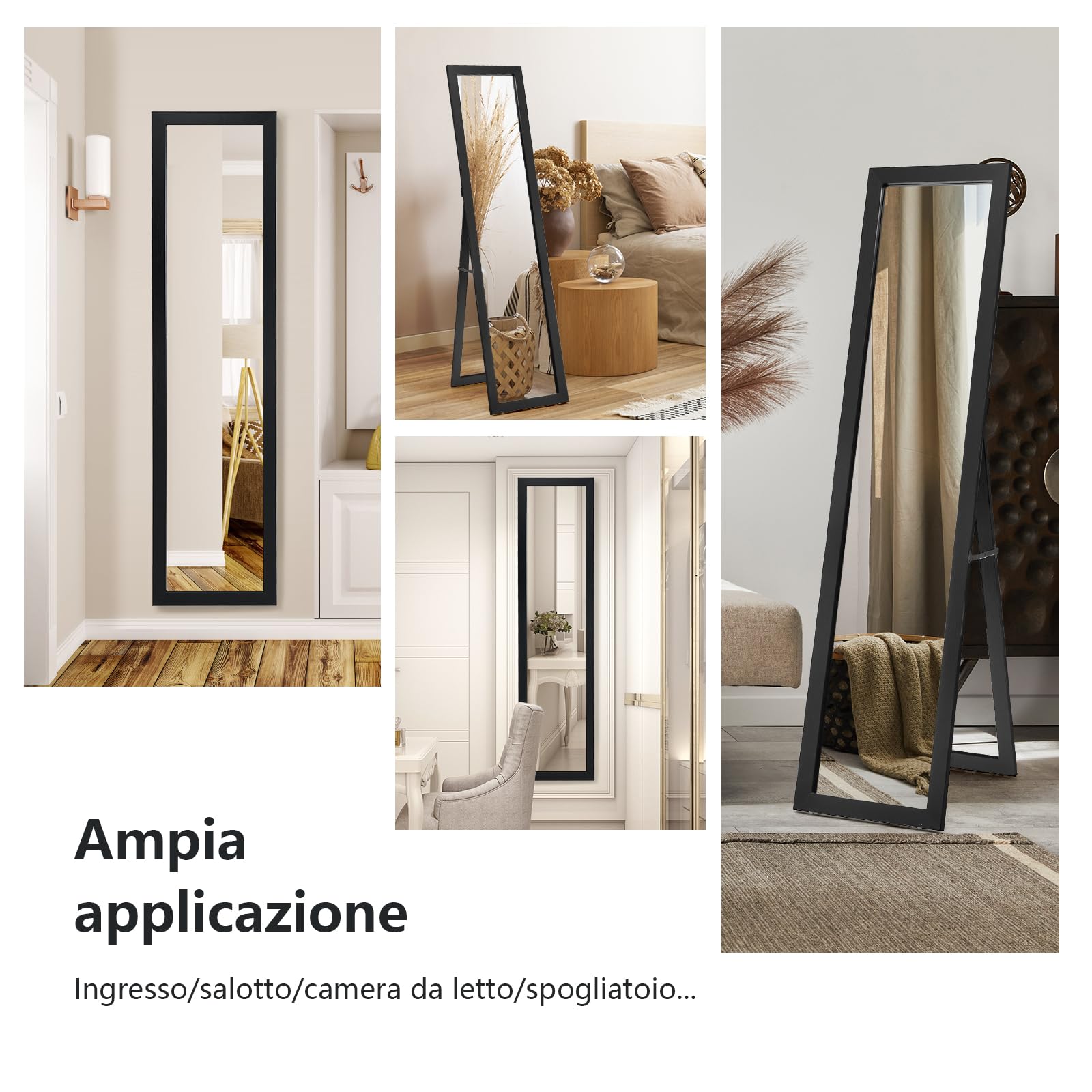 GYMAX Specchio da Terra, Specchio da Parete, Inclinazione Regolabile, con Cornice in Legno Rettangolare, per Camera da Letto, Specchiera Moderna, 37 x 50 x 148 cm (Nero)