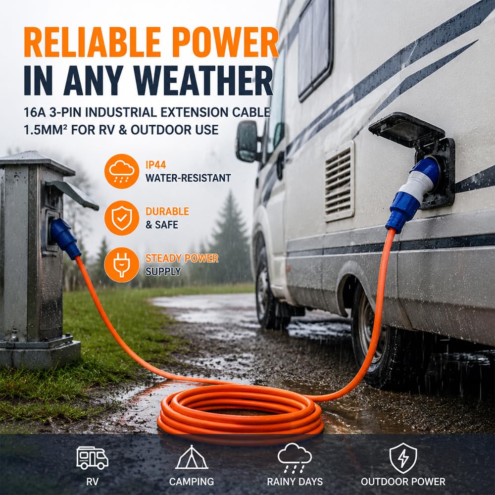 Cable de conexión de caravana de 10 m, cable de conexión eléctrico de camping de 240 V 16 A con convertidor de cable de 3 pines y bolsa de transporte, cable de extensión impermeable IP44 para