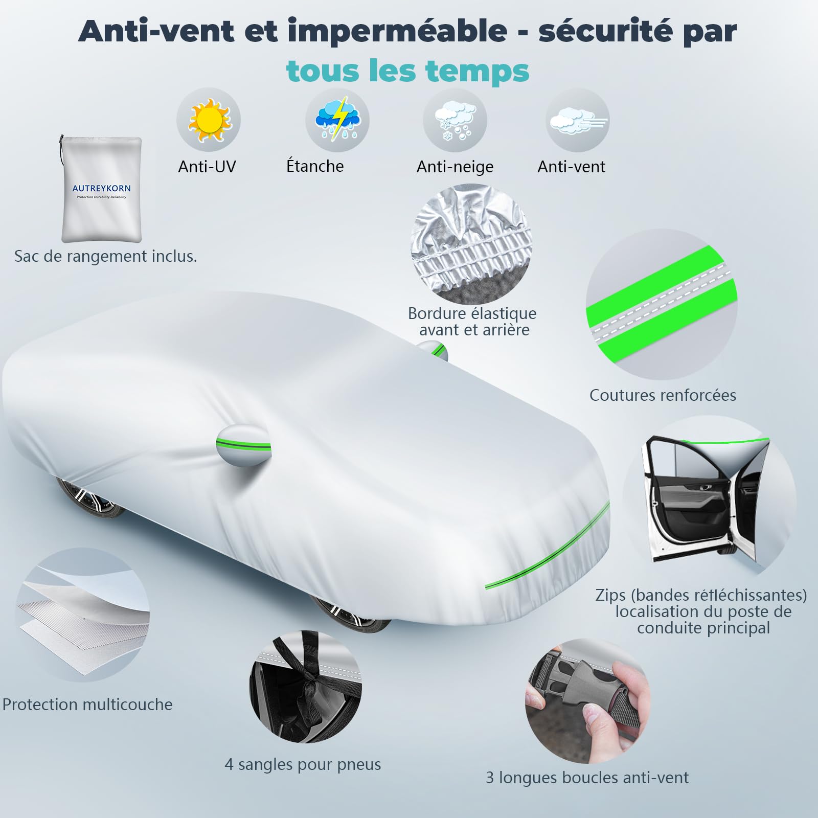 Bâche Voiture Extérieur Imperméable Anti-UV, Anti-Vent et Anti-poussière avec Fermeture Éclair Latérale, Housse pour Voiture 450 x 190 x 160 cm Argent (Compact SUV)