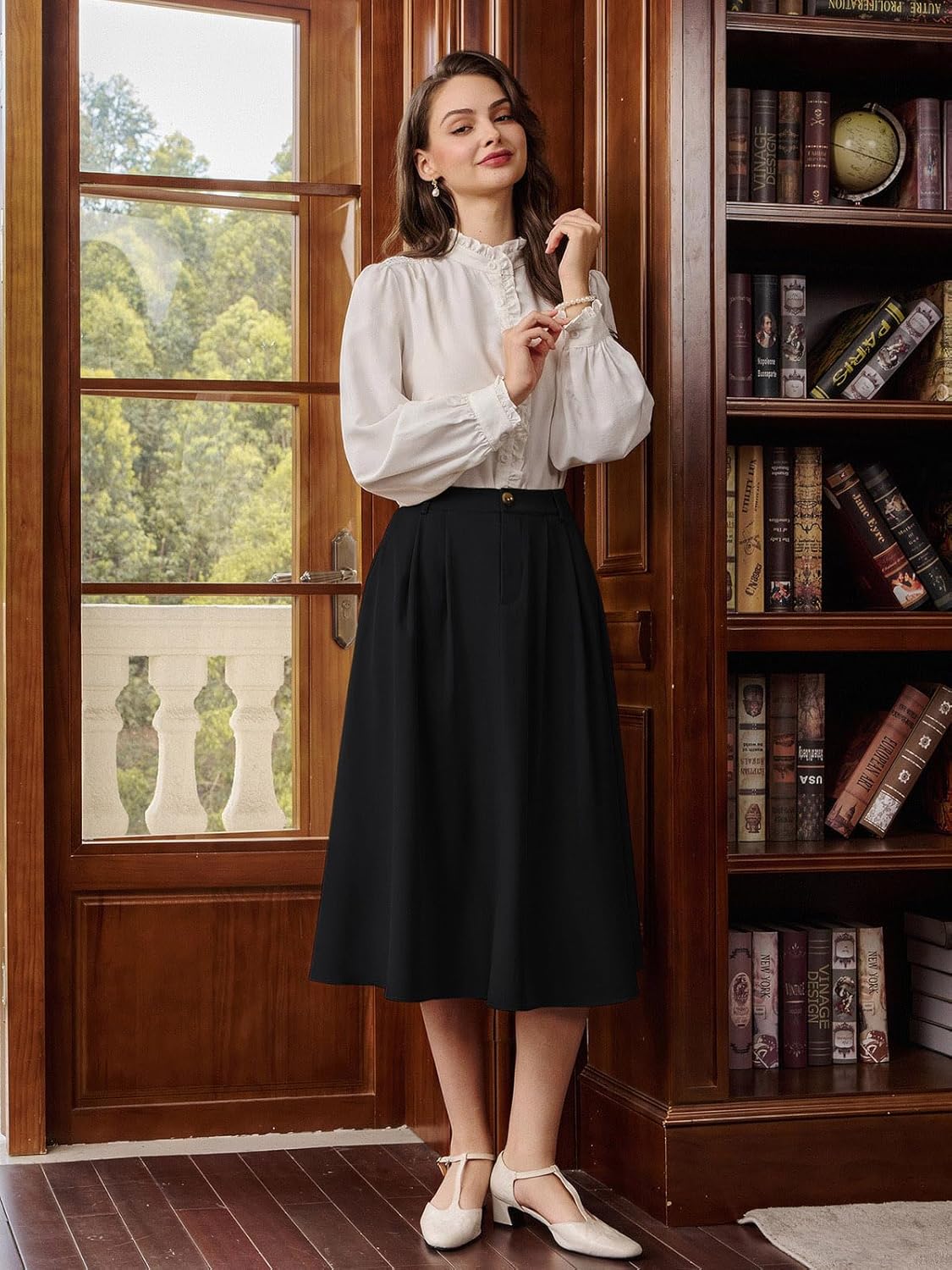 Belle Poque Women Vintage Pleated Skirt with Pockets A Line Midi High Elastic Waist Flared Skirt for Office Daily - Image 3