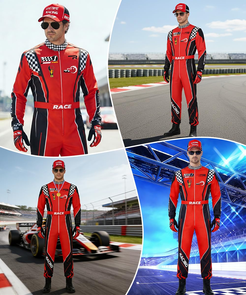 Costume da Pilota da Corsa Uomo, Tuta da Pilota per Adulti con Accessori, Occhiali da Sole Guanti Cappello Porta Badge, Costume da Pilota di Auto da Corsa per Carnevale Halloween Festa