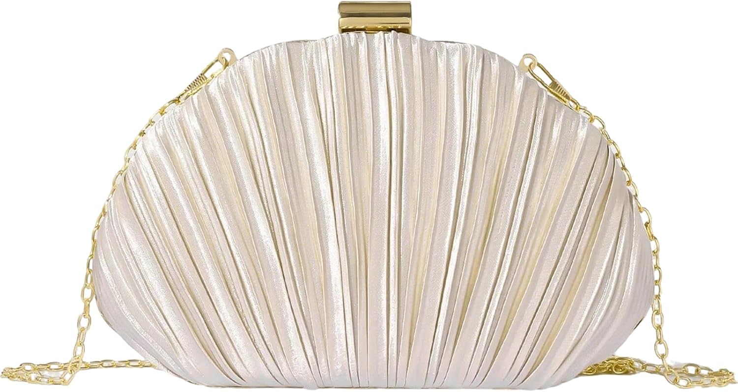 Women's Shell Shaped Clutch Purse, Beige Ruched Mini Seashell Bag, Elegant Evening Handbag Chain Shoulder Crossbody Bag for Wedding and Party