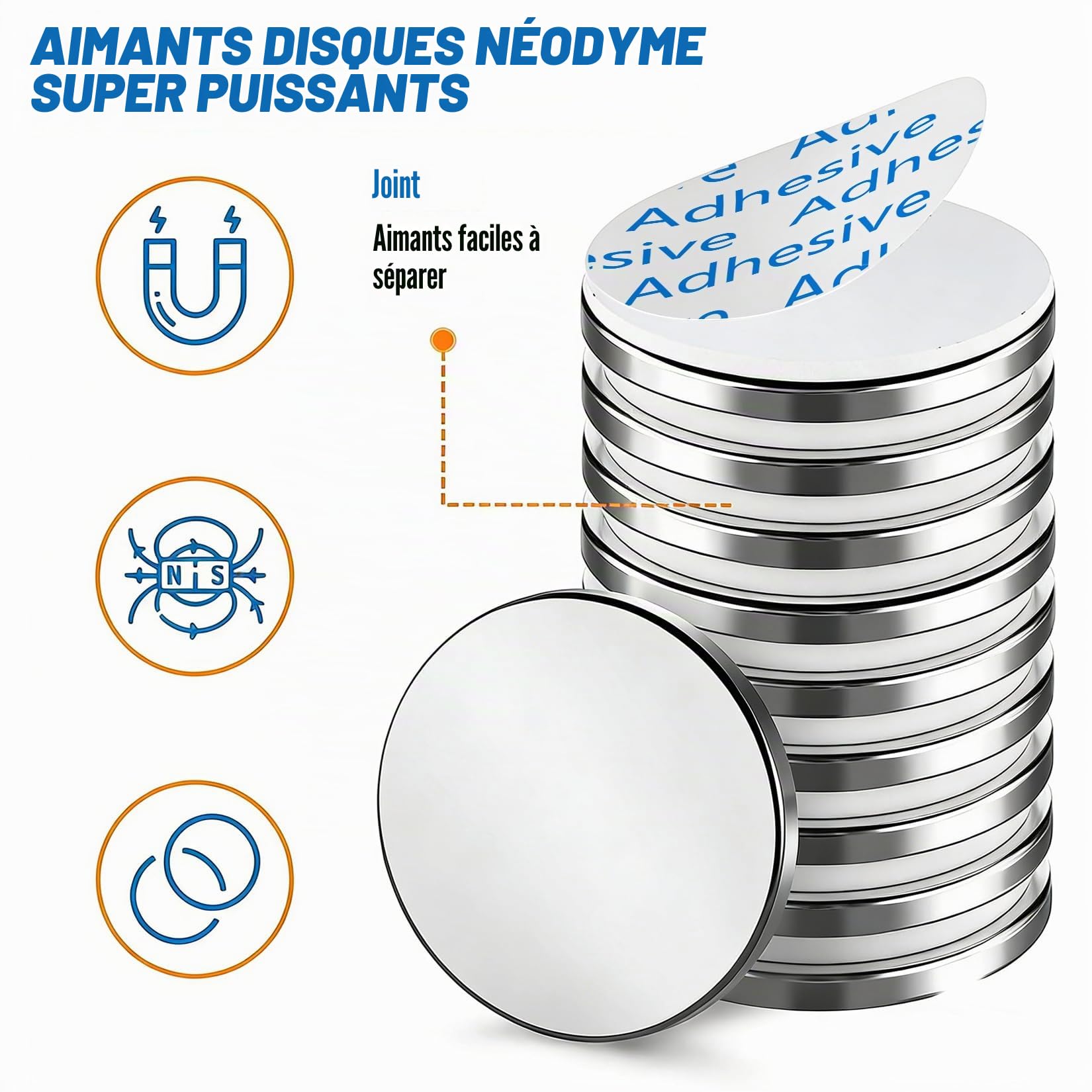 Lot de 8 aimants en néodyme extra puissants - 30 x 3 mm - 8 kg - Argenté - Aimants puissants pour tableau magnétique, tableau blanc, réfrigérateur, terre rare - Avec adhésif double face
