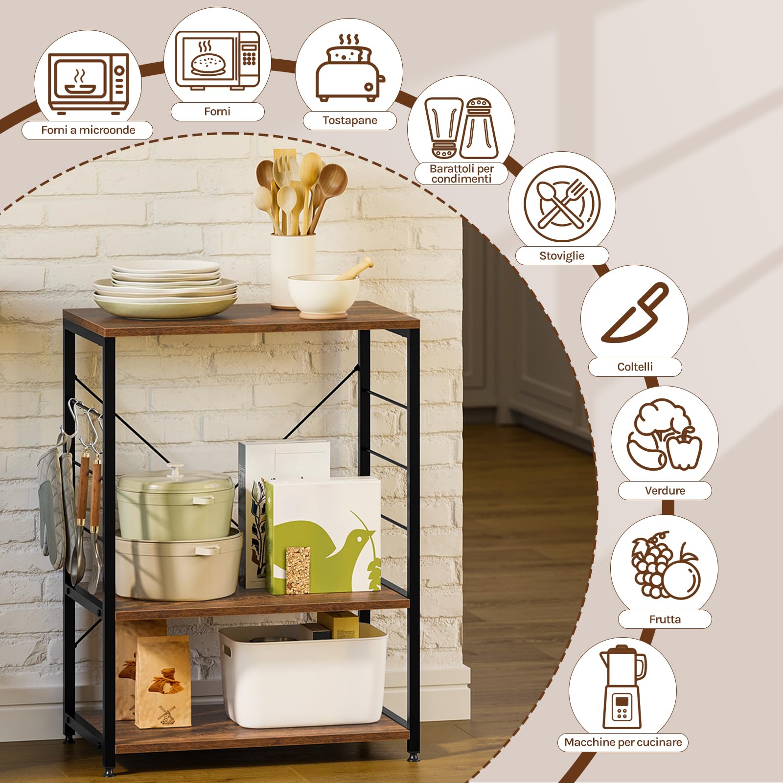 WOLTU Scaffale per Cucina Carrello per Microonde Forno a 3 Ripiani in Metallo e Legno Scaffalature Fioriera Multiuso, Effetto Legno Vintage