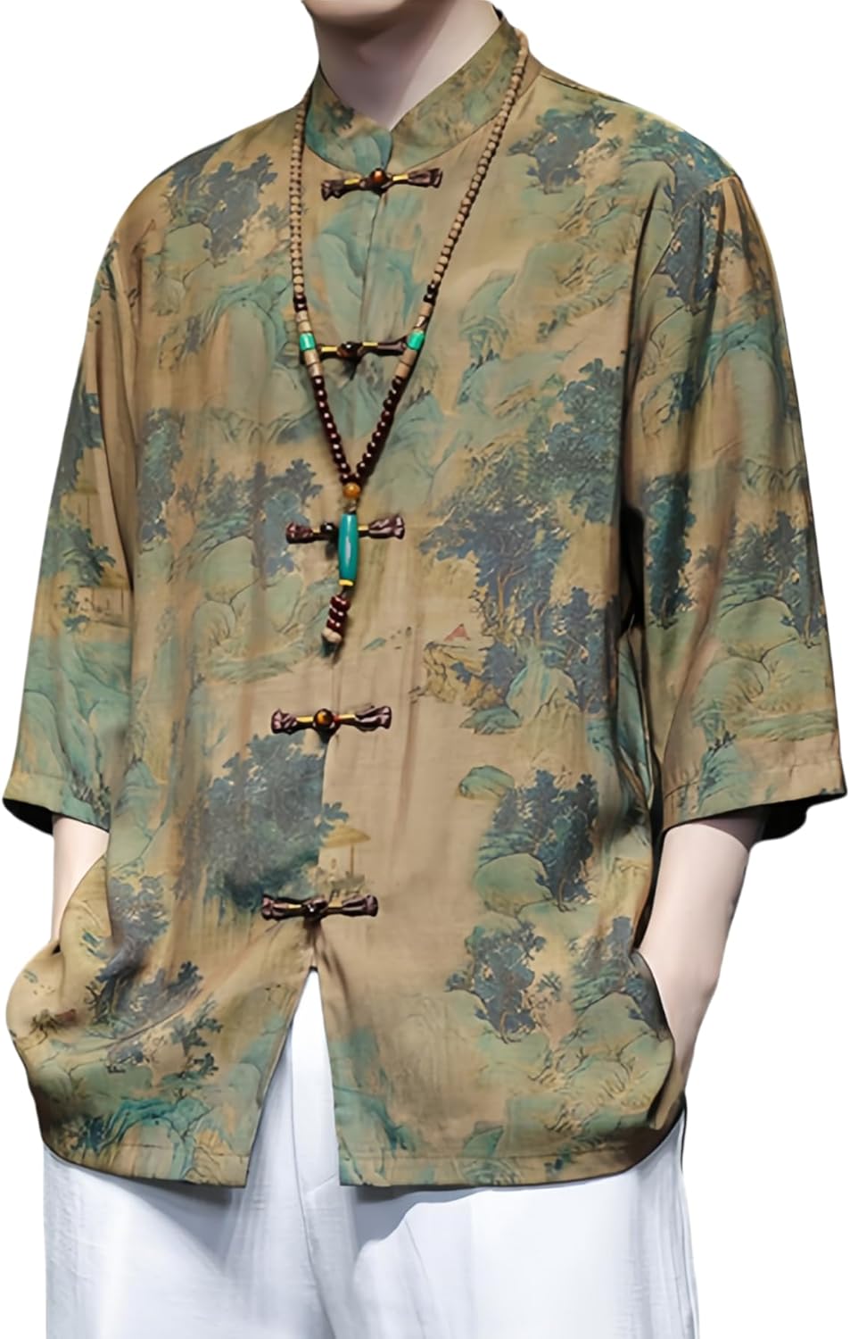 Men's Kung Fu Shirt,Traditional Chinese Hanfu Tang Suit Coat with Silk Printing,Half Sleeve Top for Casual Summer Outfits