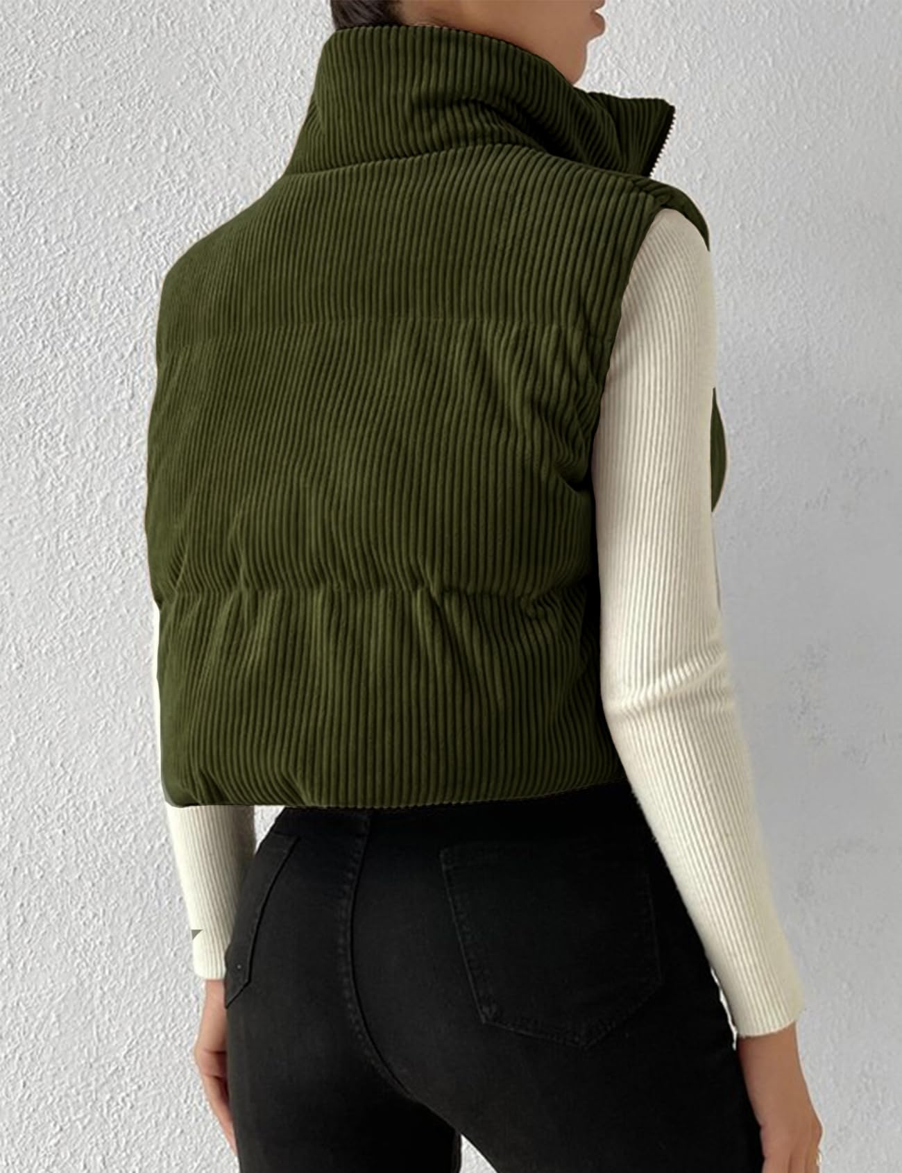 Gihuo Damen Cord-Puffer-Weste Cropped-Stehkragen Reißverschluss Weste Gesteppte Ärmellose Jacken Weste