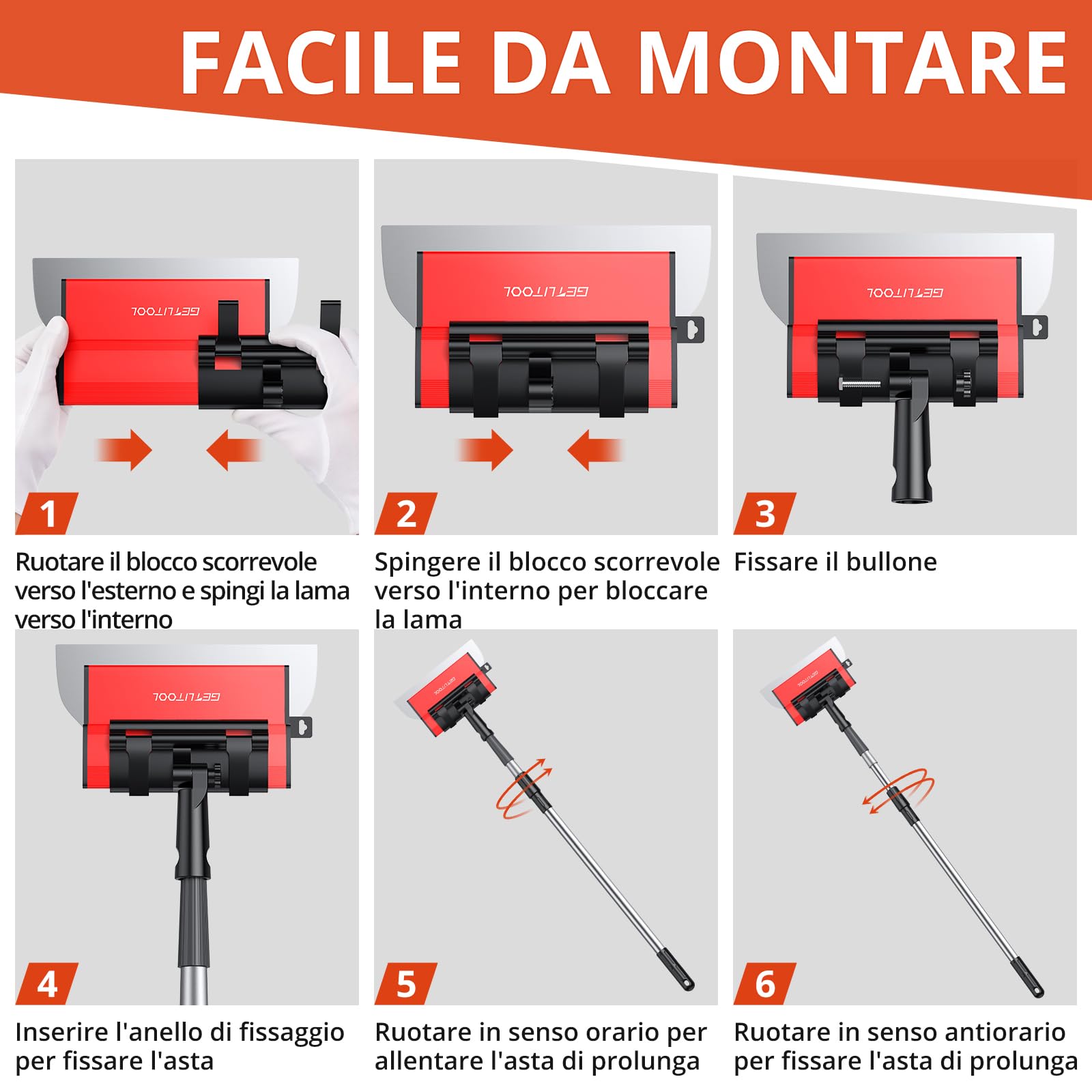 GETLITOOL Set 5 Spatole per Stucco 15-80cm con Lame in Acciaio Inox e Ricambi, Asta Telescopica 80-130cm e Clip, Kit Completo con Valigetta per Pareti e Soffitti in Cartongesso Cemento e Calcestruzzo