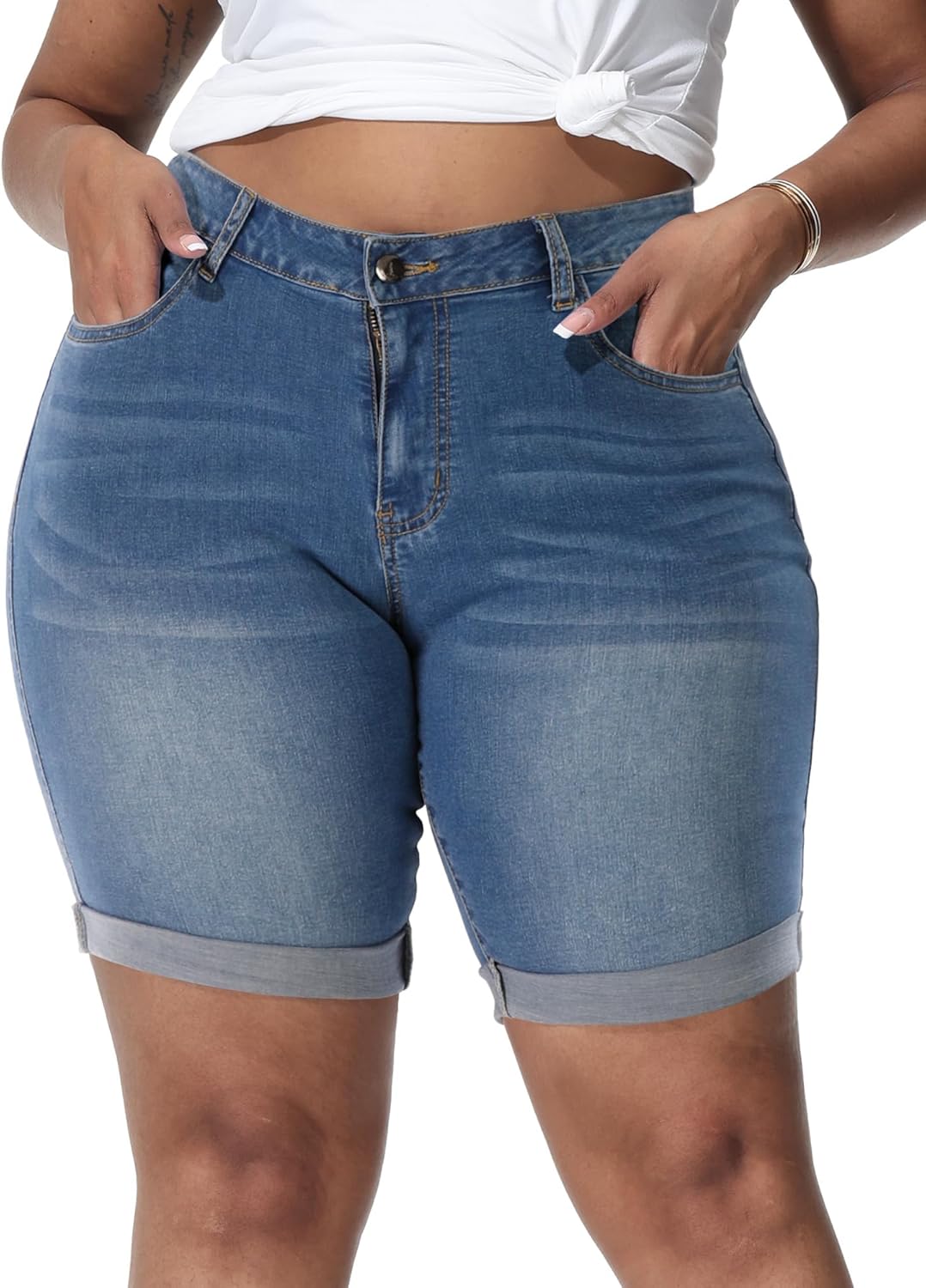 Womens Plus Size Jean Shorts High Waisted Stretchy Midi Bermuda Denim Shorts
