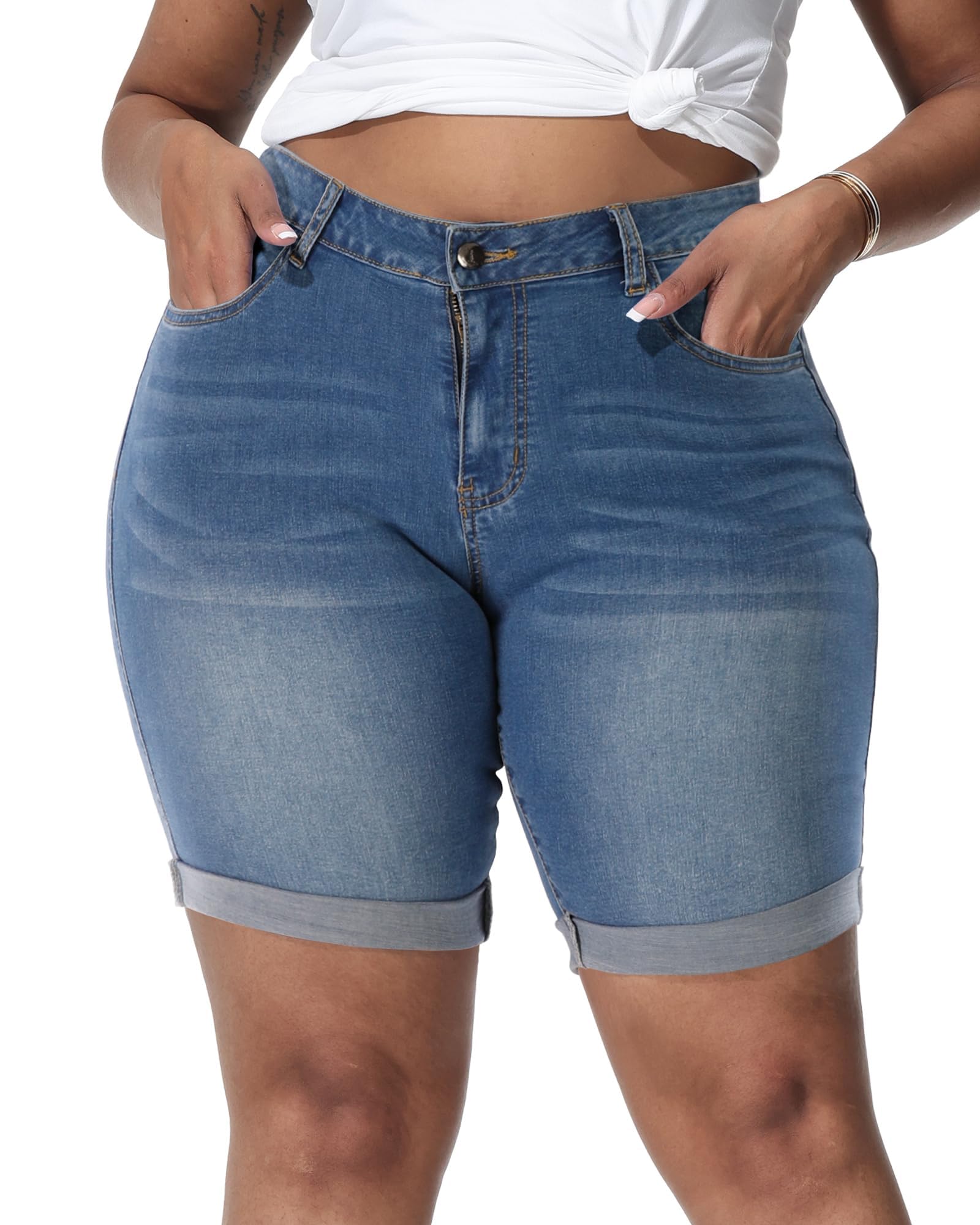 Gocolloa Womens Plus Size Jean Shorts High Waisted Stretchy Midi Bermuda Denim Shorts