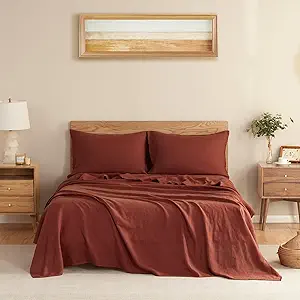 DAPU Pure Linen Sheets Set, 100% French Linen from Normandy, Breathable and Durable for Hot Sleepers, 3 Pcs Set - 1 Flat Sheet, 1 Fitted Sheet, 1 Pillowcase (Rust Red, Twin)