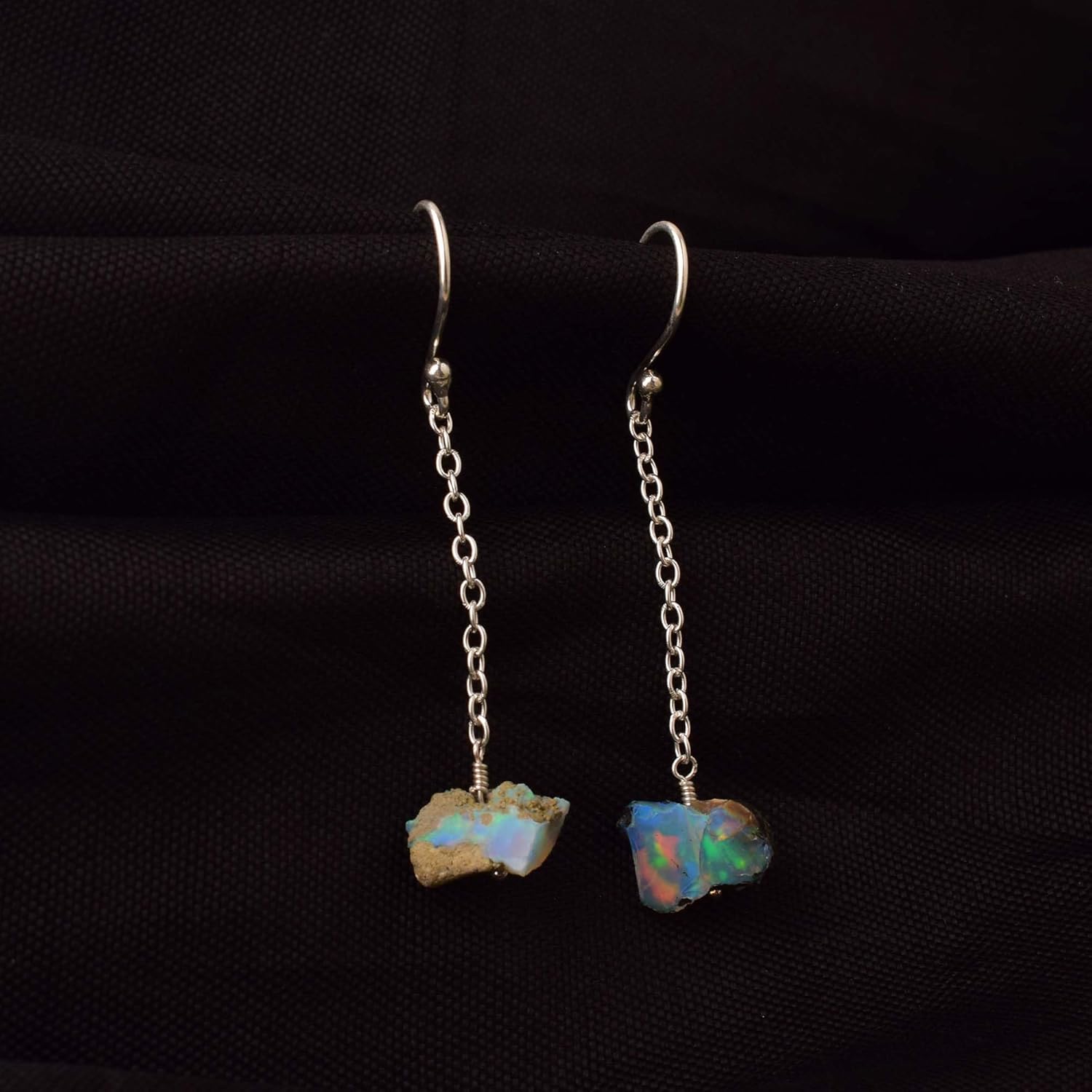 Natural Fire Ethiopian Opal Earring 925 Sterling Silver Rhodium Plated Gemstone Wire Wrapped Handmade Jewelry Energy Healing Stone Gift for Her - Image 5