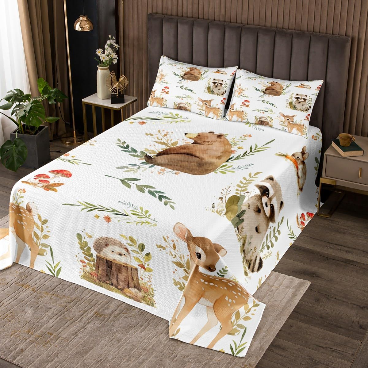 Erosebridal Kids Cute Deer Twin Size Bedspread, Woodland Animal Coverlet Rabbit Hedgehog Quilt Set for Boys Teens Girls Room, Mushroom Branches Rustic Bedding Set