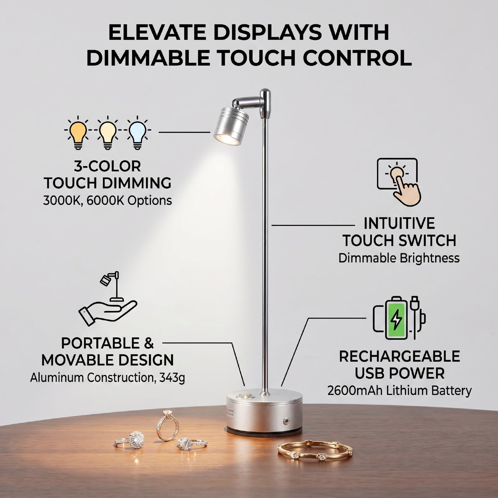 Naroote Faretti LED da Interno, Faretti da Terra Ricaricabili via USB per Vetrine con 3 Colori, Regolazione dell'Intensità tramite Tocco, Accessori per l'Esposizione di Gioielli
