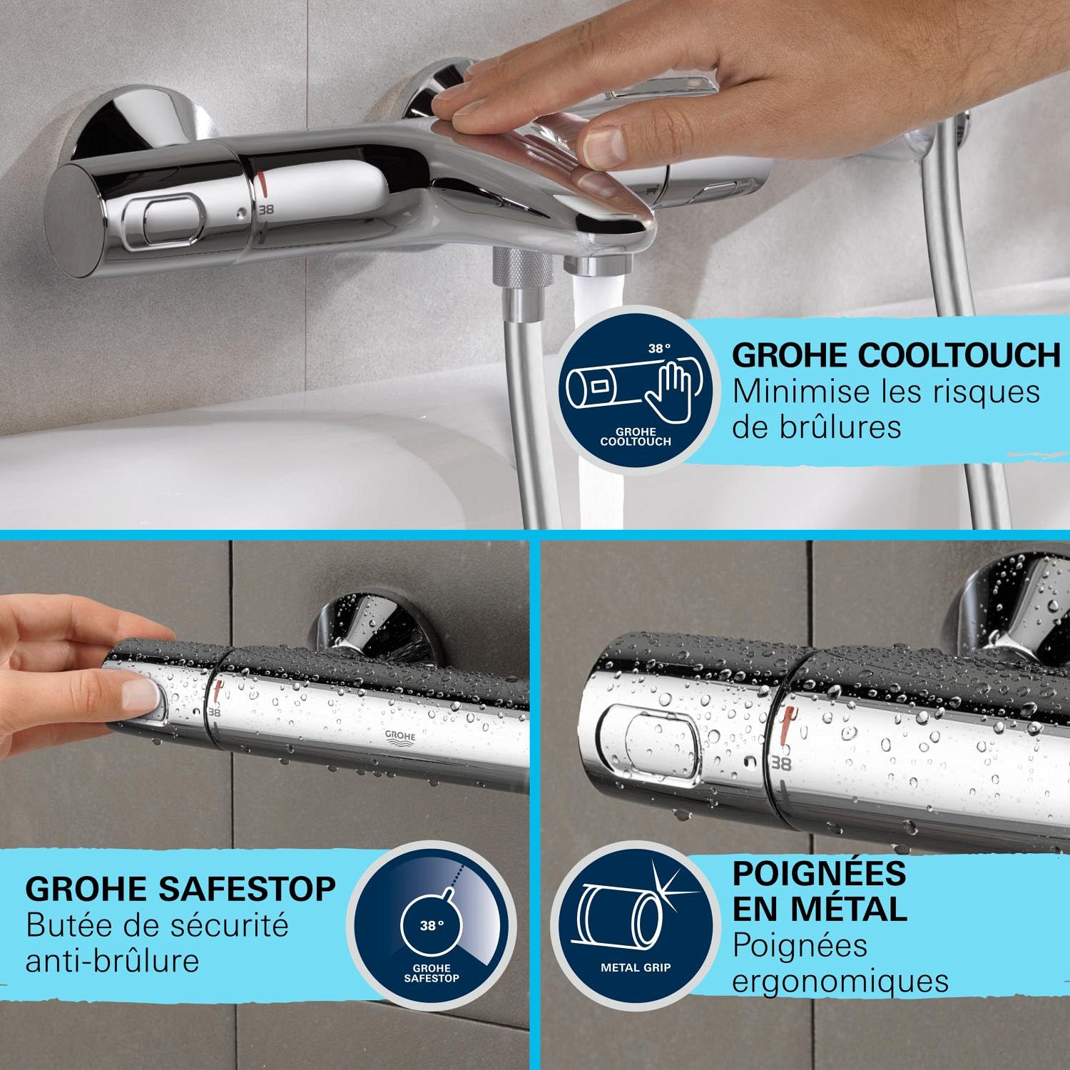 GROHE Precision Trend 34237003 zestaw prysznicowy z termostatem, oszczędzający wodę – 8 l na min (3 rodzaje strumienia, CoolTouch – bez oparzeń na termostatze, drążek prysznicowy 60 cm, w zestawie