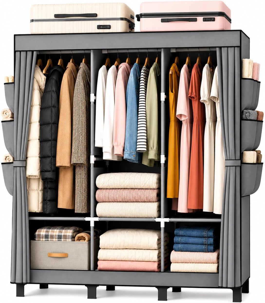 Portable Closet Wardrobe Closet for Hanging Clothes with 3 Hanging Rods for Bedroom, Non-Woven Fabric Clothes Closet for Living Room Easy Assemble
