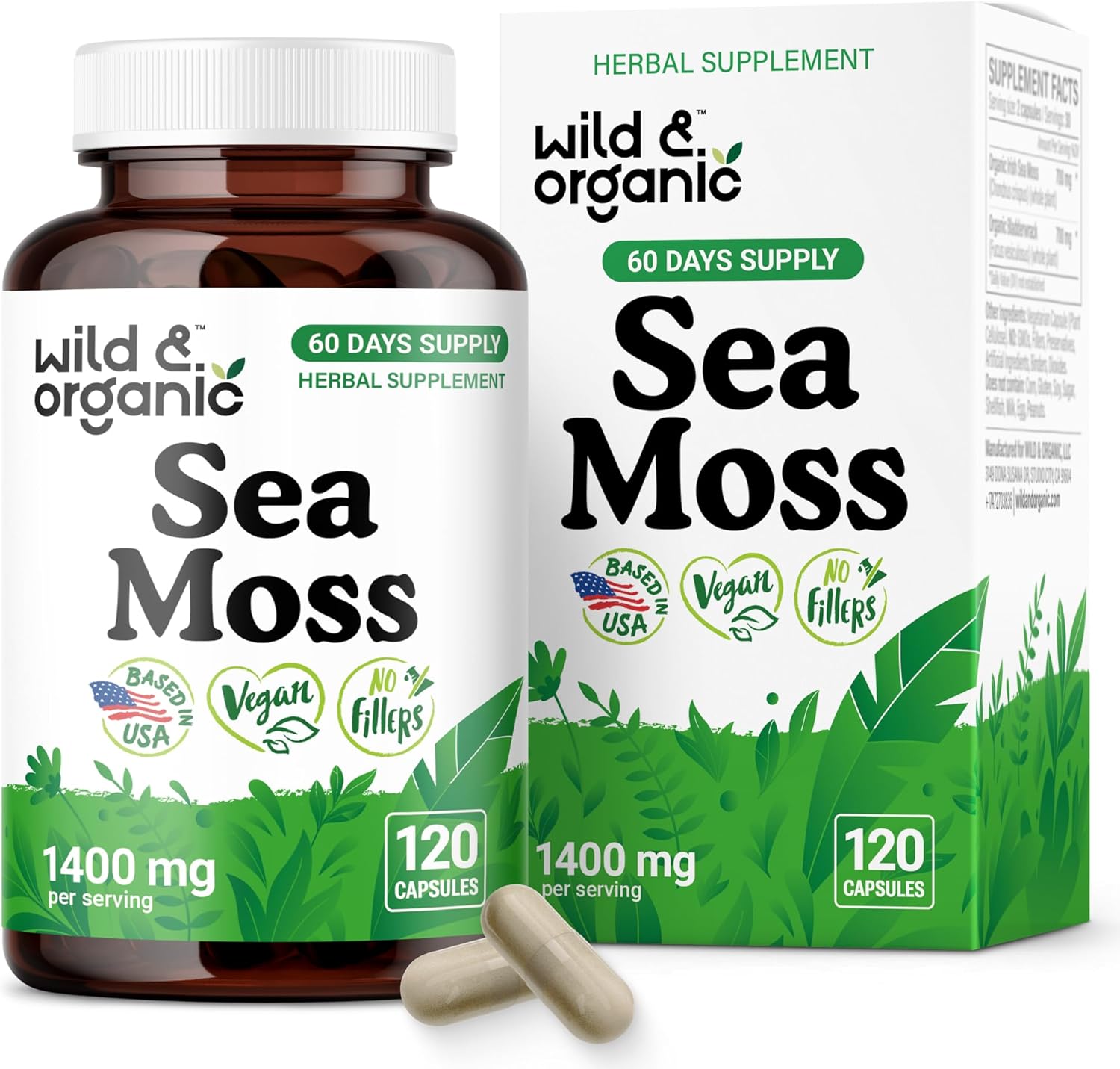 Wild & Organic Sea Moss Capsules - Overall Support - Irish Sea Moss Complex with Bladderwrack Powder Supplement - Chondrus Crispus - Vegan, No Fillers, Non-GMO - 120 Count