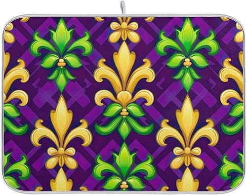 Mardi Gras Colorful Lily Dish Drying Mats for Kitchen Counter 16'' x 18'' Dish Drainer Rack Mat Quick Drying Microfiber Coffee Bar Mat Kitchen