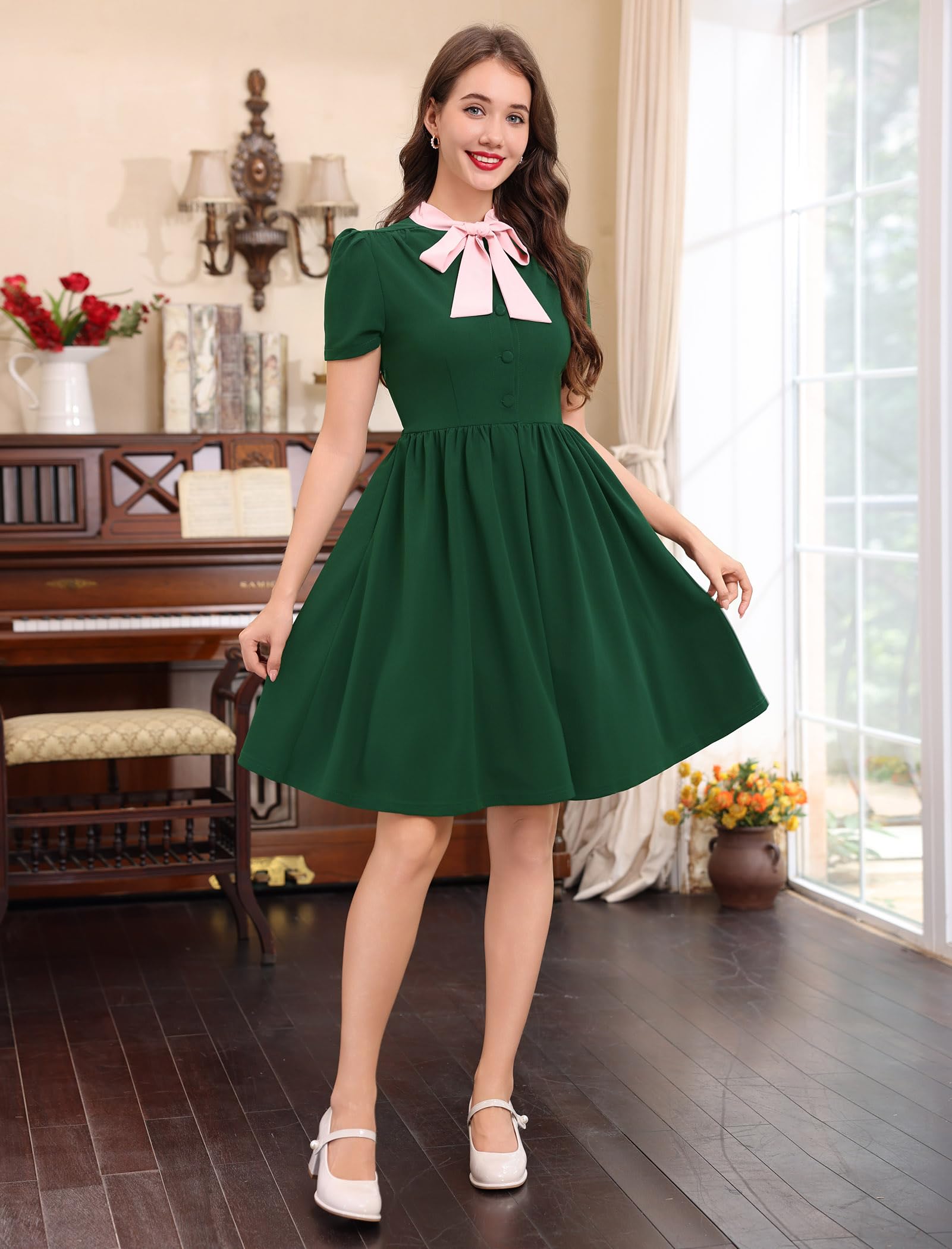 Robe à col nœud papillon pour femme, robe rétro des années 50, robe de cocktail, robe trapèze des années 50, pour le bureau, le travail, la soirée, le bal des finissants