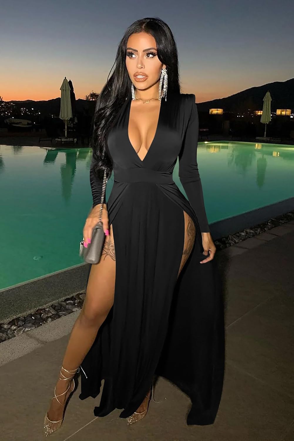 GOKATOSAU Women's Sexy Plunge V Neck Long Sleeve Double High Split Bodycon Long Maxi Dress - Image 5