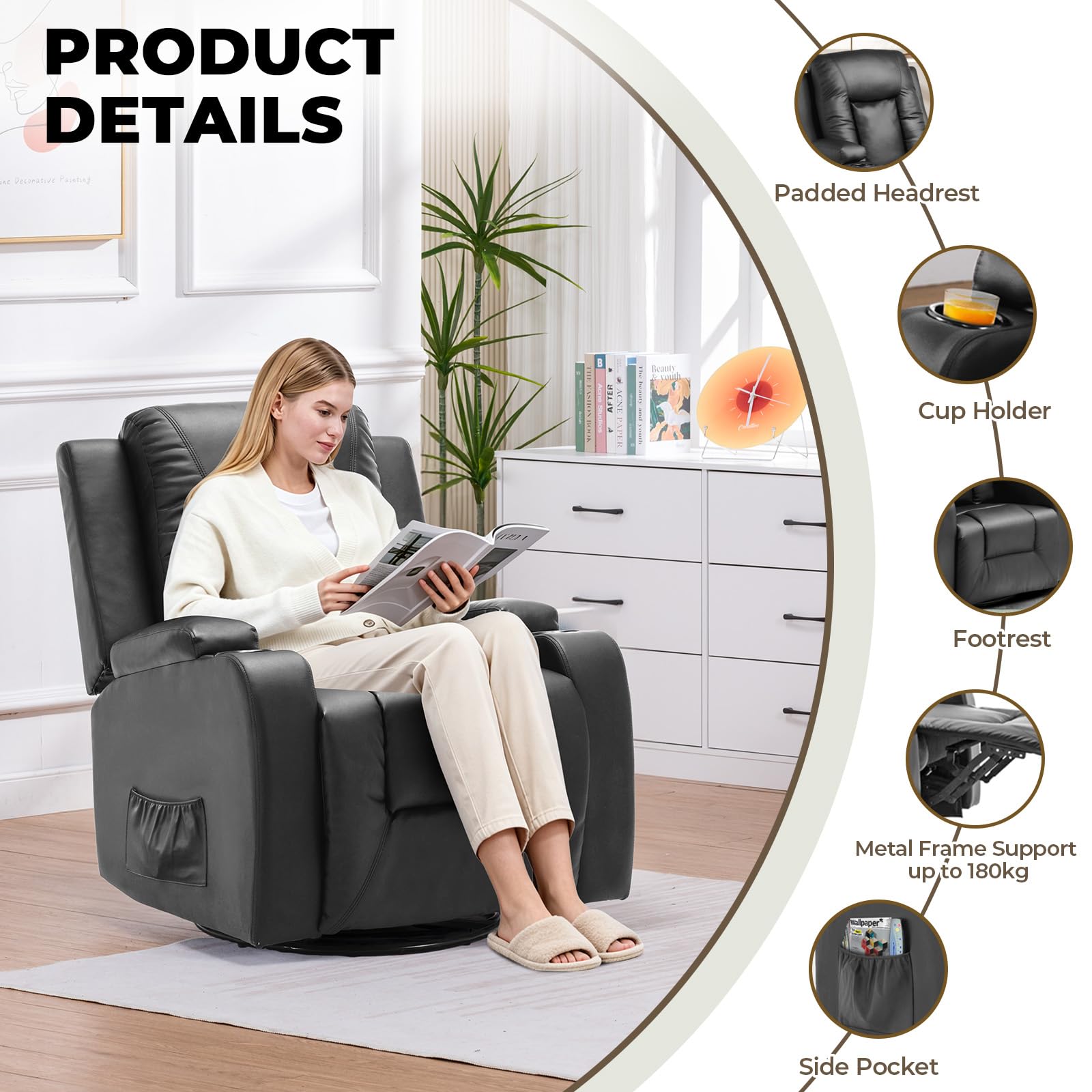 GTPLAYER Sillón de Relax con Respaldo Regulable y Reposapiés, Giratorio 360° en PU, Portavasos y Bolsillos Laterales, Silla Inclinable para TV, Silla de Lectura para Dormitorio, Negro