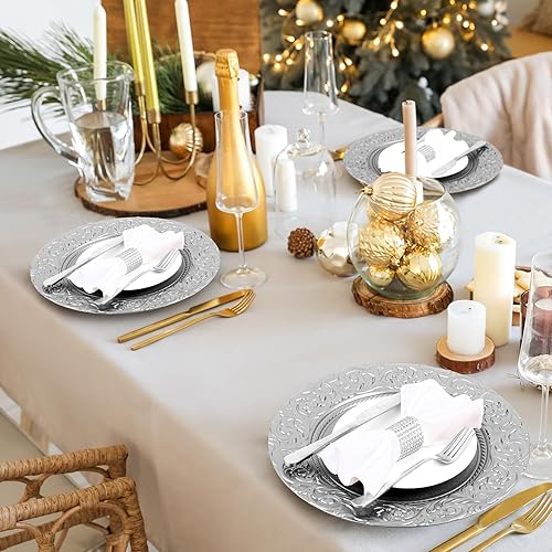 Miniatura 6 de Zhehao 50 unidades de platos antiguos a granel de 13 pulgadas con borde en relieve de plástico, platos redondos decorativos para cenas, bodas,