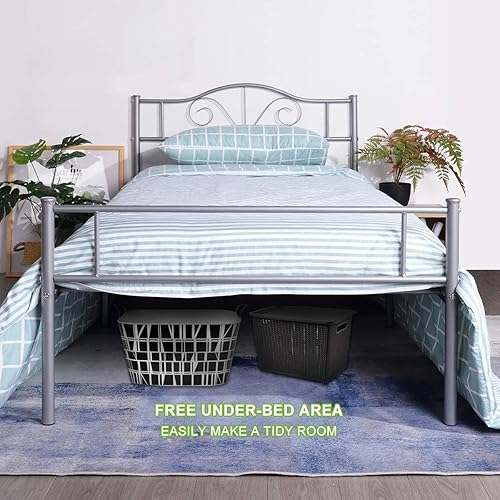 Miniatura 53 de Base de cama de metal resistente tamaño individual, base de colchón de acero, con revestimiento negro, cabecero retro para cama individual, no Negro