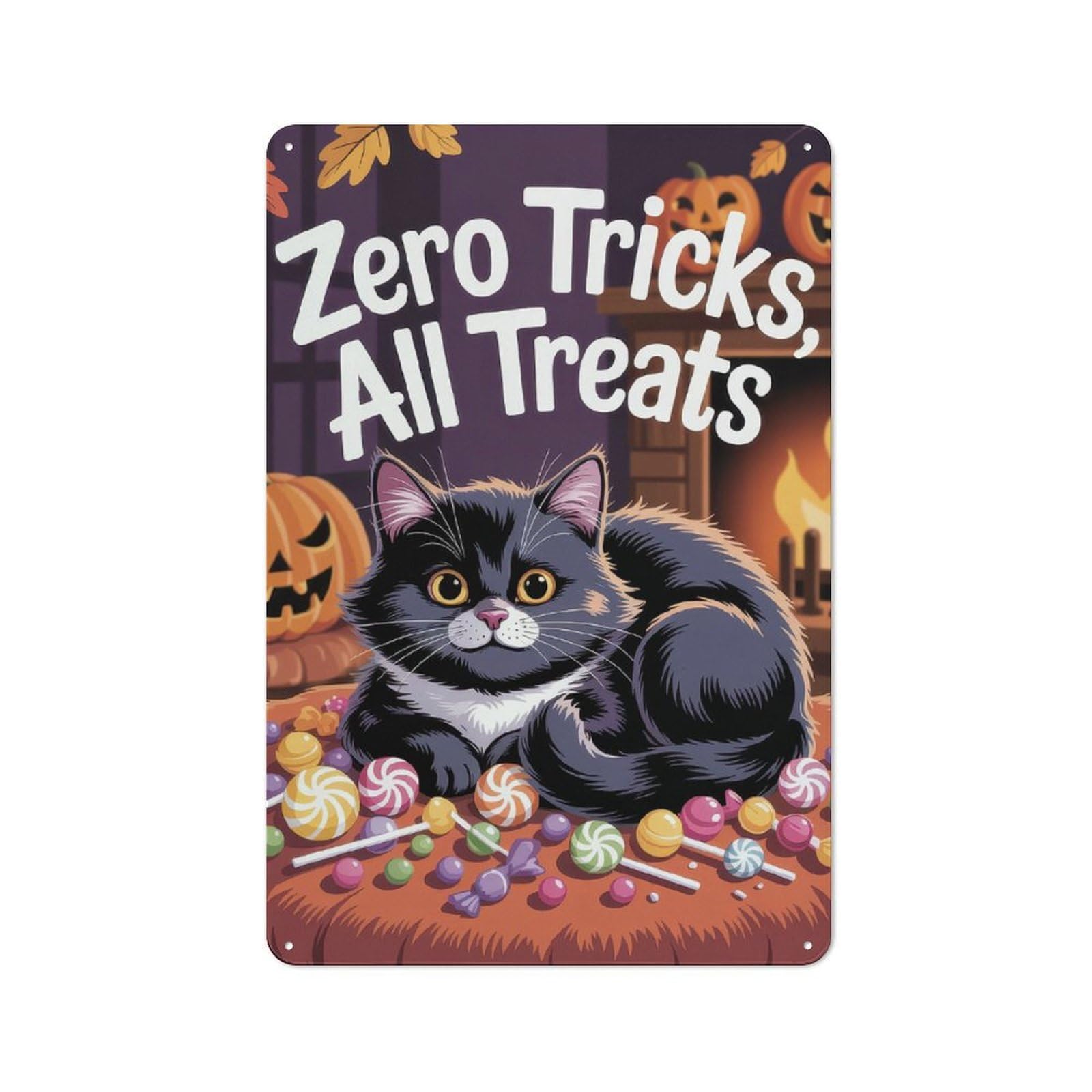 Junmoney Zero Tricks, All Treats Halloween Cat Tin Wall Plaque 30X20cm With For Man Cave Or Games Room, For Garage, Workshop And Man Cave Decoration