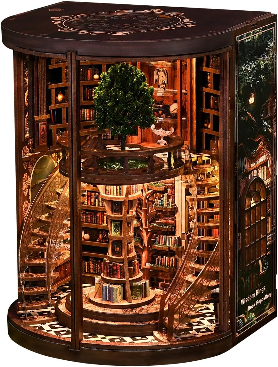 Book Nook Kit - Wisdom Rings Book Archive - Wooden Bookend and 3D Puzzle with LED Light, DIY Set for Adults, Bookshelf Decoration Diorama Kit, for Birthdays