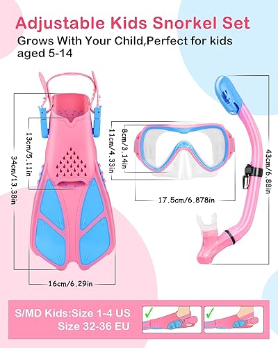 Miniatura 6 de Juego de esnórquel para niños, aletas de máscara de esnórquel panorámica+snorkel superior seco, aletas de natación ajustables, bolsa de malla,