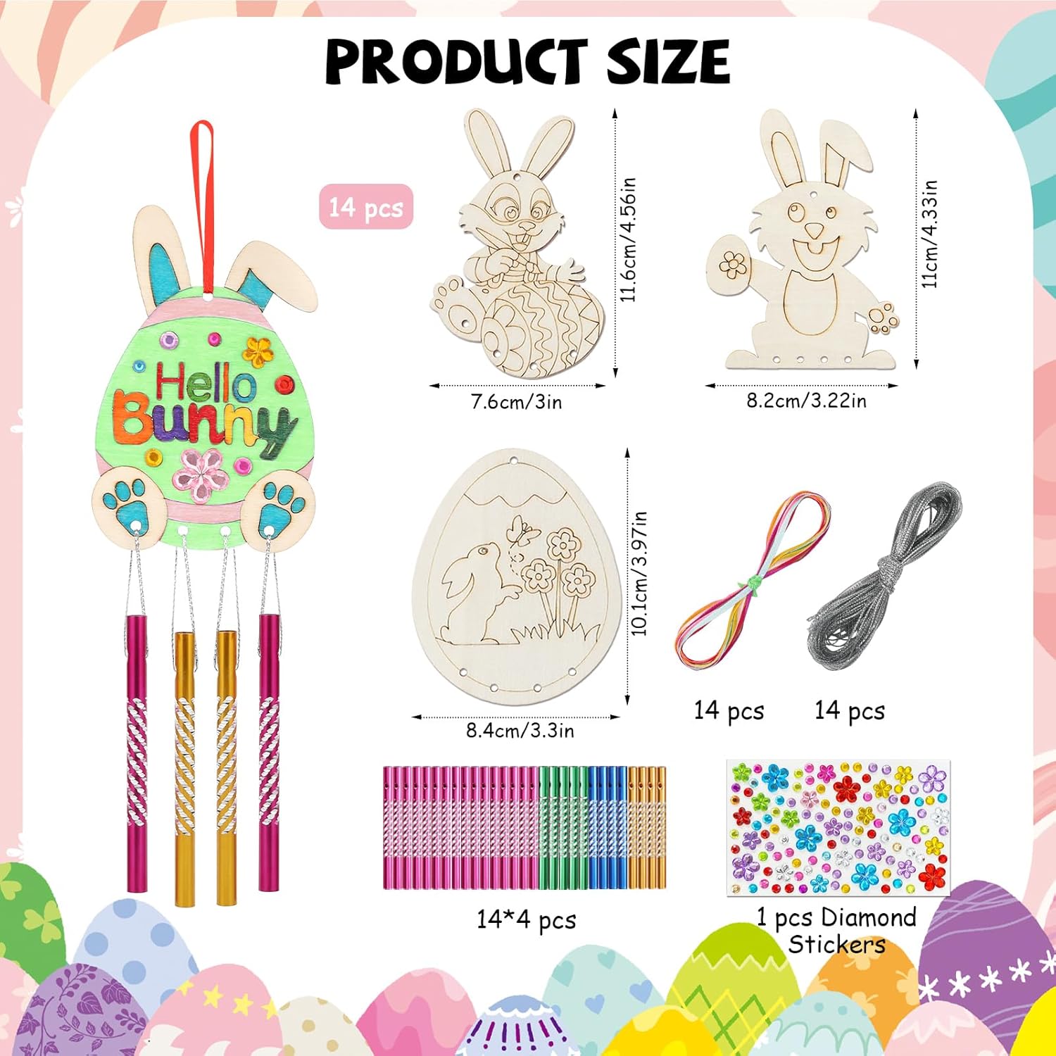 DECYOOL 14 Packs Bunny Wind Chime Kit for Spring Make a Wind Chime Crafts Easter Egg Bunny Rabbit Wind Chimes DIY Coloring Wooden Easter Craft for Girls Boys Hanging Ornaments Party Decoration