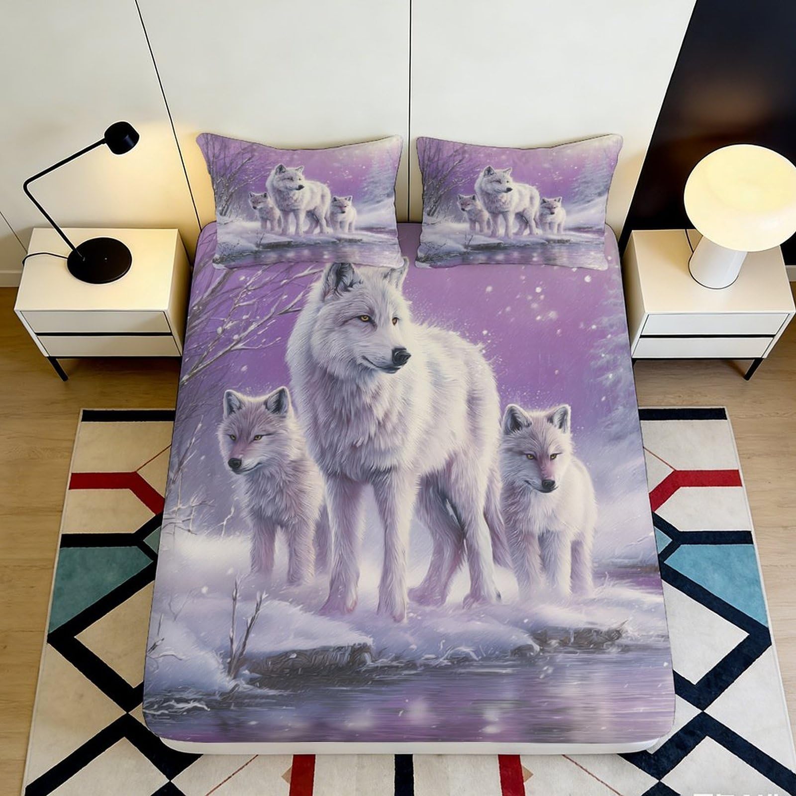 3D Printed White Wolf Design Fitted Sheet Microfiber Soft Durable Purple Snow Scene Bed Cover for Bedroom Dormitory Guest Room Mattress Protection 120x200x25cm