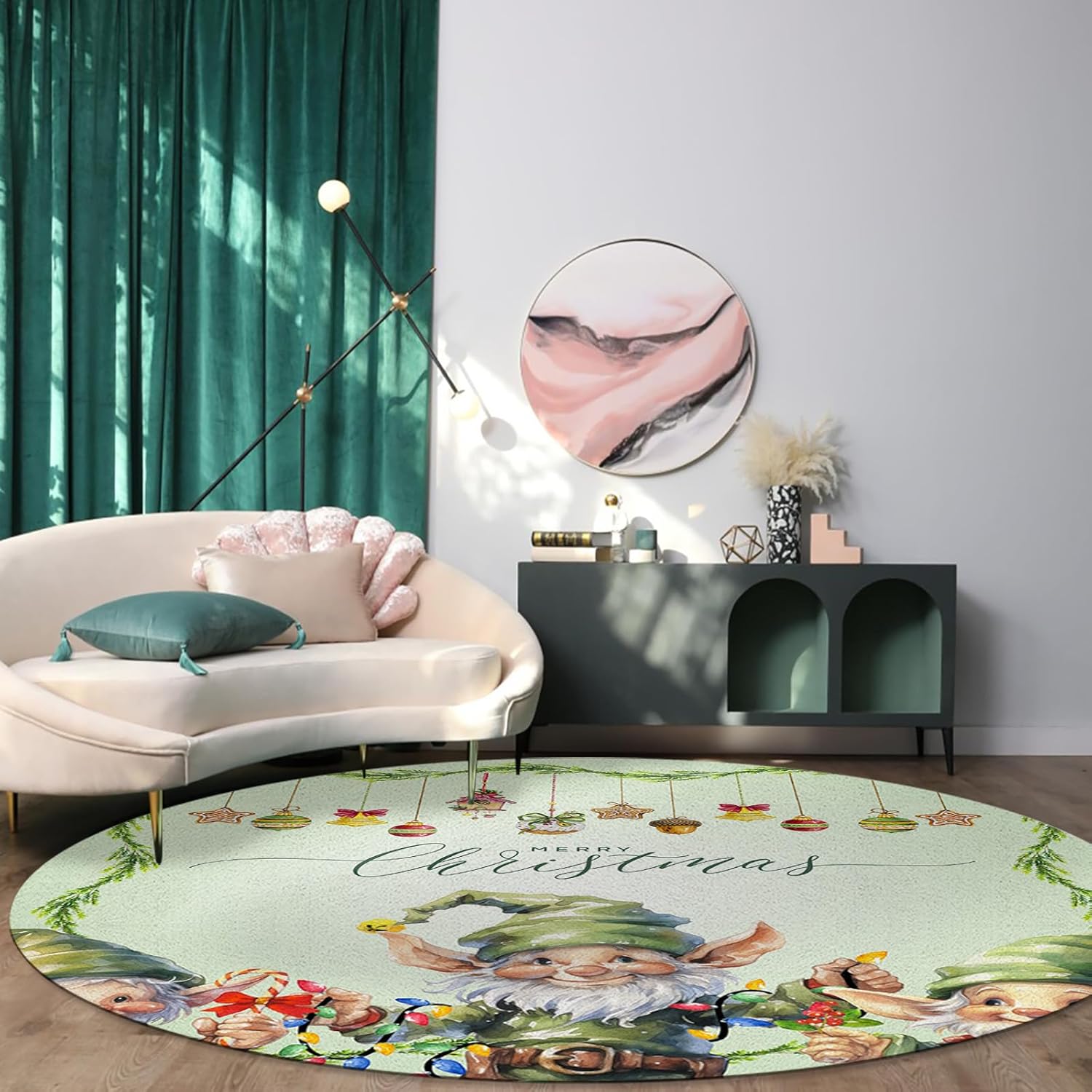 Christmas Gnomes Round Area Rug 5ft,Washable Outdoor Indoor Carpet Runner Rug for Bedroom,Kitchen,Bathroom,Living/Dining/Laundry Room,Office,Area+Rug Large Bath Door Mat Green Forest Pine Leaves Cone
