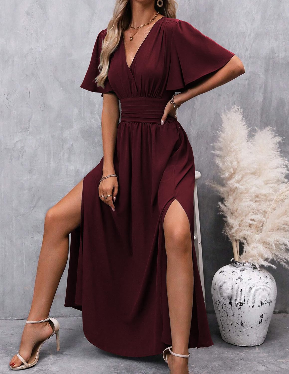 Damen Kleid Kurzarm V-Ausschnit Tunika Maxi Einfarbig Casual Hohe Taille Freizeitkleid Frühling Sommer