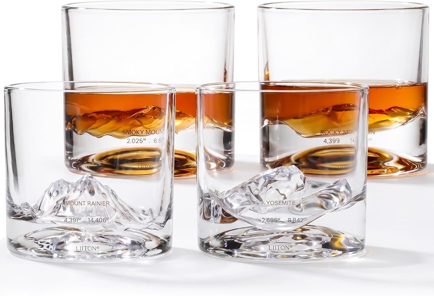 LIITON American Peaks Old Fashioned Whiskey Glasses, Set of 4, Mens Gift