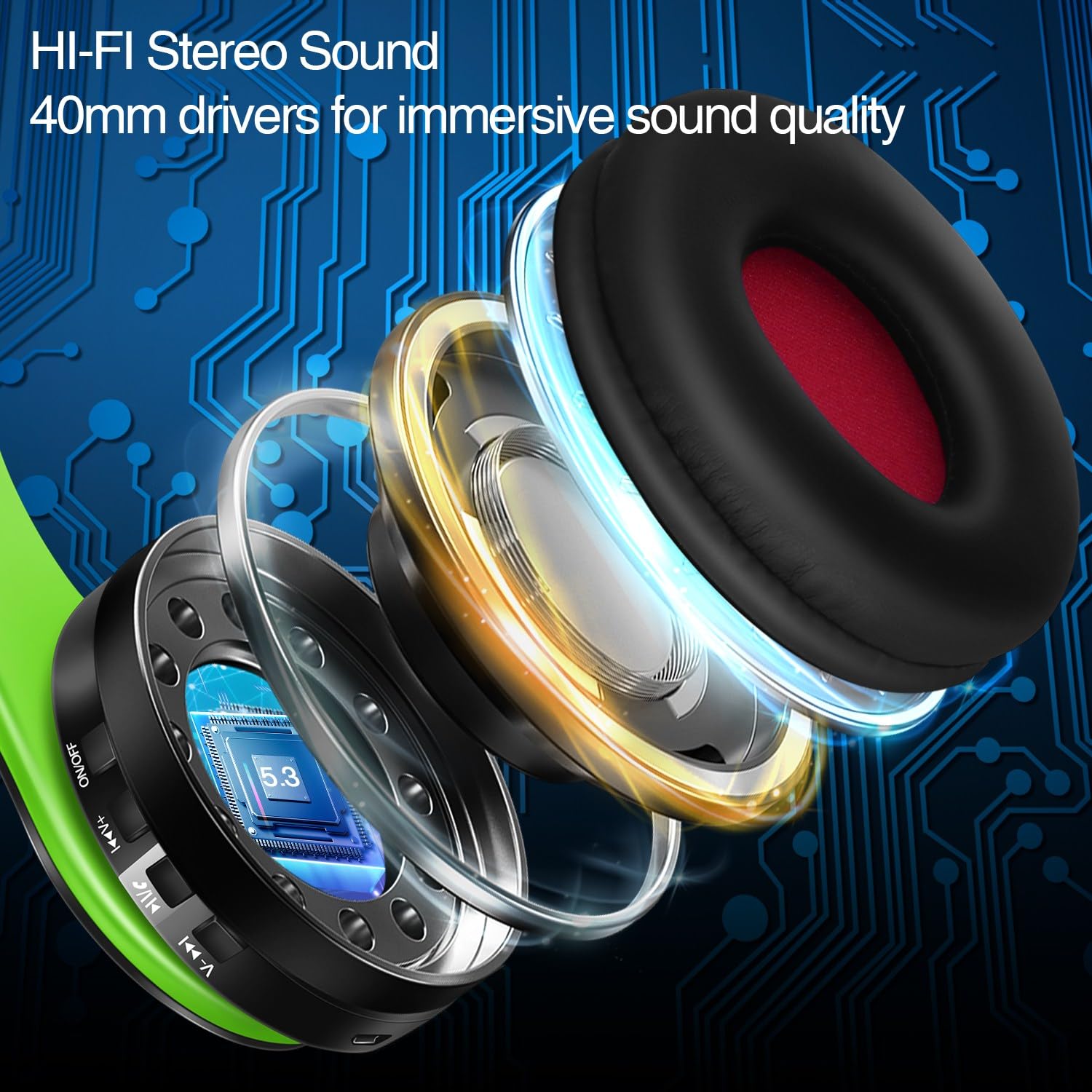 Bluetooth Headphones, Chat- Comfortable Over Ear Stereo Headphones,7 Breathing Led Lights up, Wireless Headset for Adult Teen Kid for Phone/Samsung/Pad/PC/Android/Laptop/TV (Green) 2