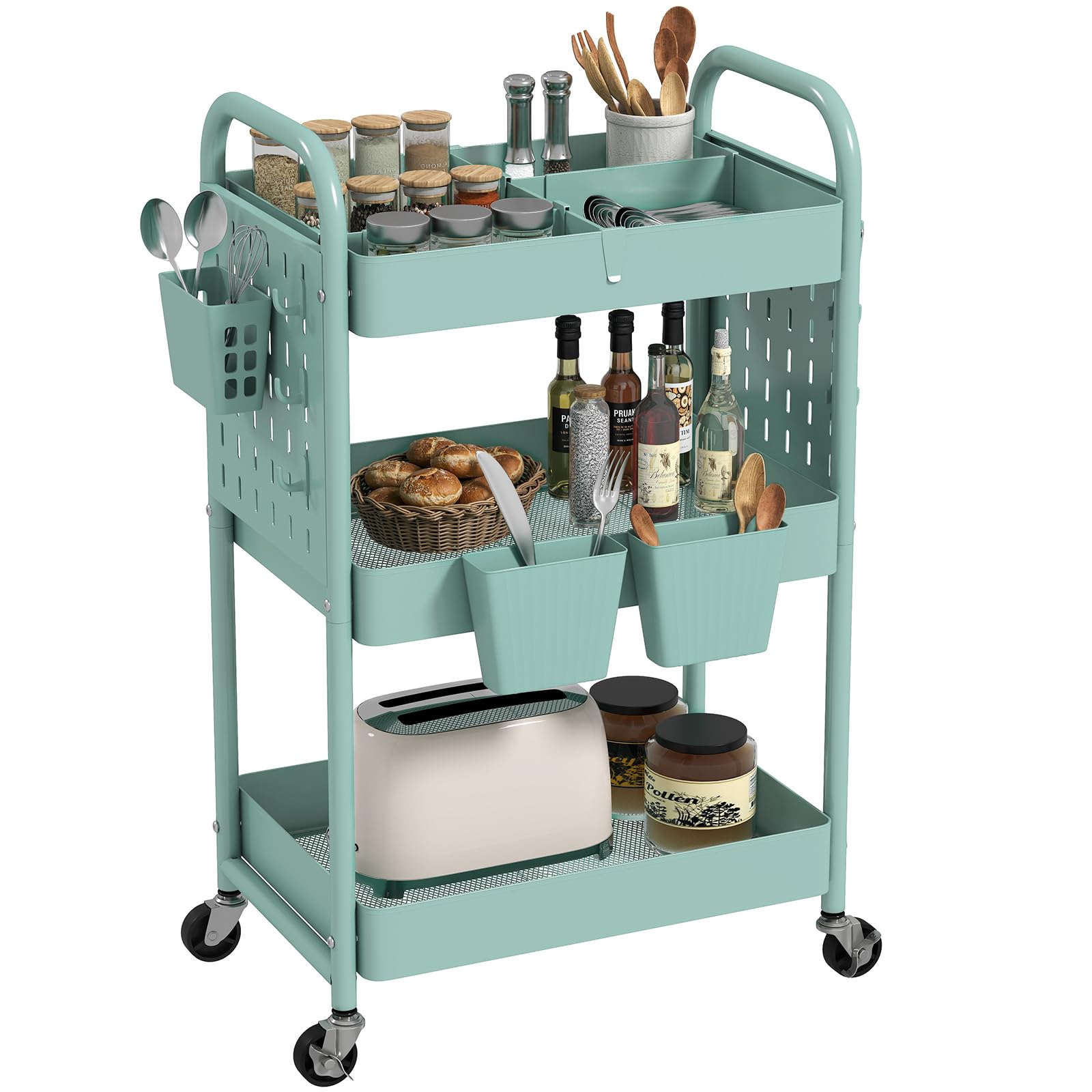 3-Tier Rolling Cart, Utility Cart Mobile Metal Rolling Storage Cart with Lockable Wheels & Hanging Cups & Hooks for Kitchen, Bathroom, Office, Workshop, Green