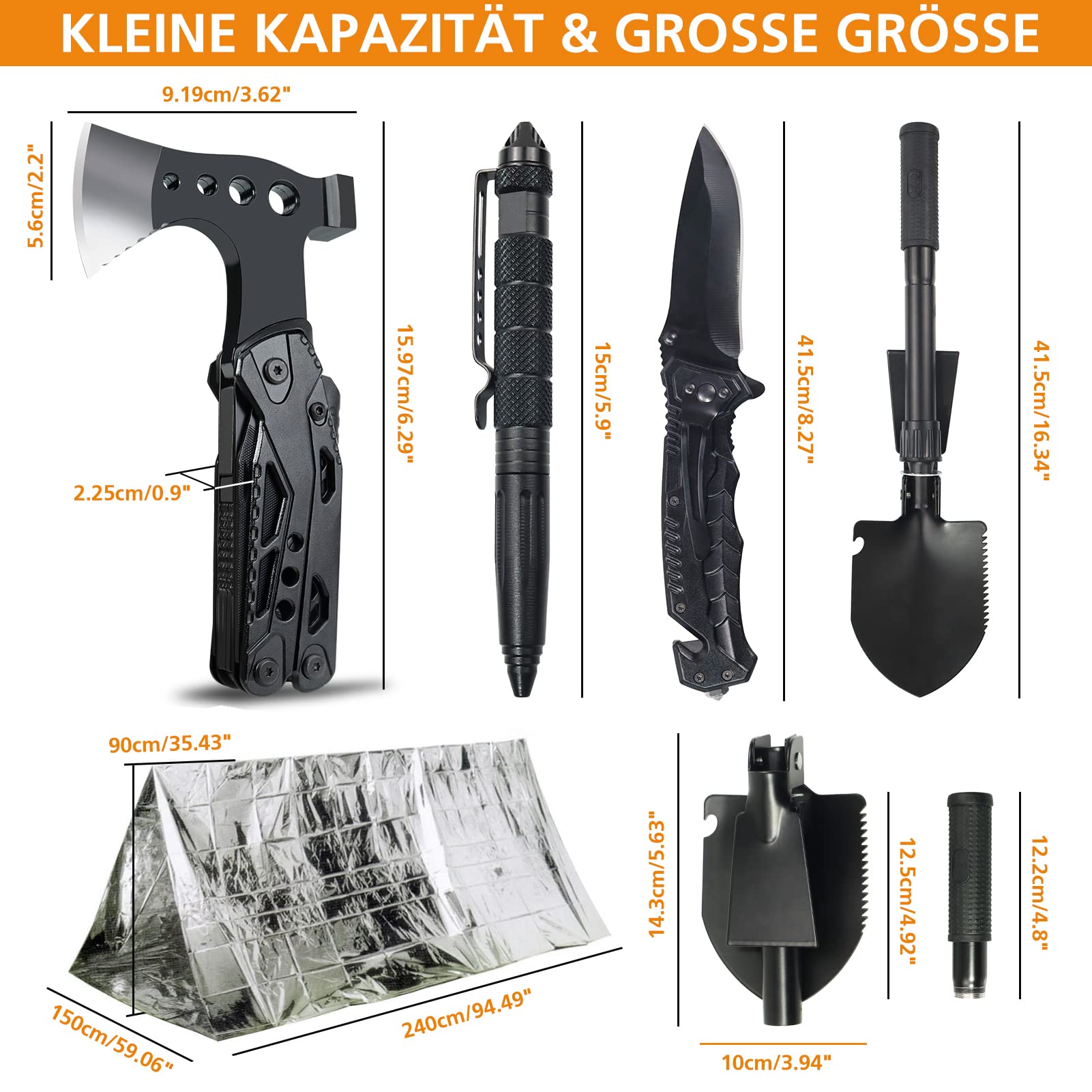 Außen Notfall Survival Kit mit Erste Hilfe Set, WayinTop 180PCS Survival Ausrüstung mit Wasserfilter Stroh Multi-Tool Hammer Axt, Geschenke für Männer Camping/Abenteuer/Wandern im Freien