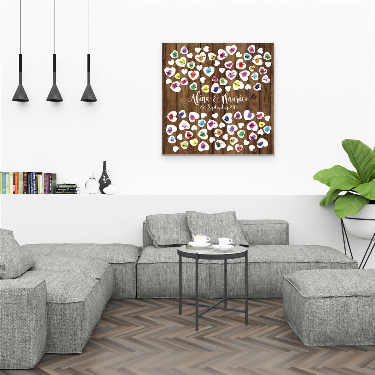 Madyes Płótno Ślub Odcisk palca Księga gości Spersonalizowana Drewno i Serce dla młodej pary jako prezent, dekoracja ślubna, imiona z datą. 50 x 50 cm rozmiar na blejtramie drewno