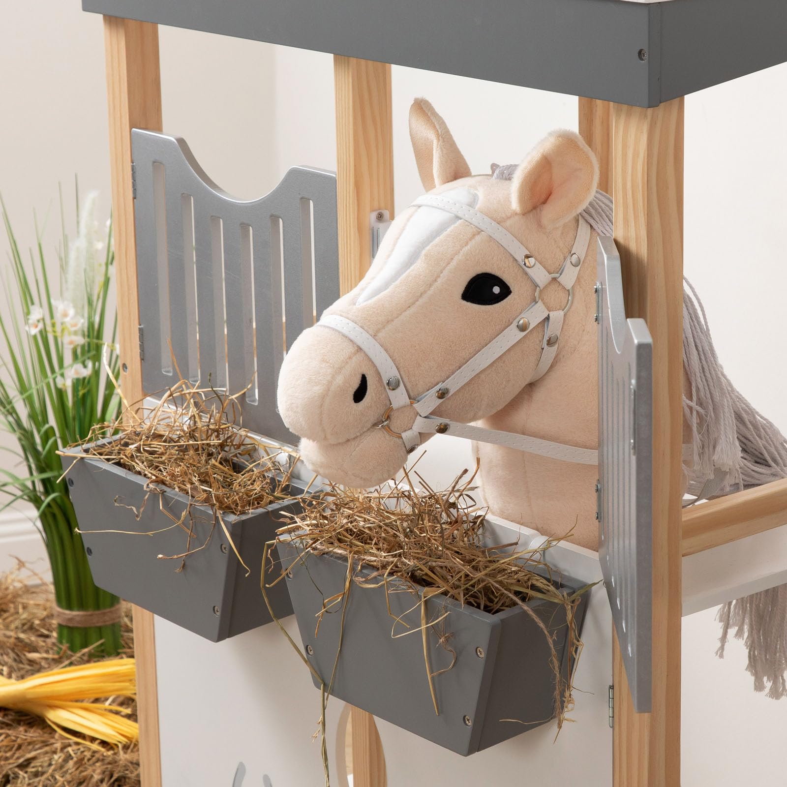 Ella & Piet® Hobby Horse Pferd Toffee mit Trense und Aufbewahrungsbeutel Steckenpferd Springpferd Spielpferd weicher Plüsch Größe wie A4 (Beige)