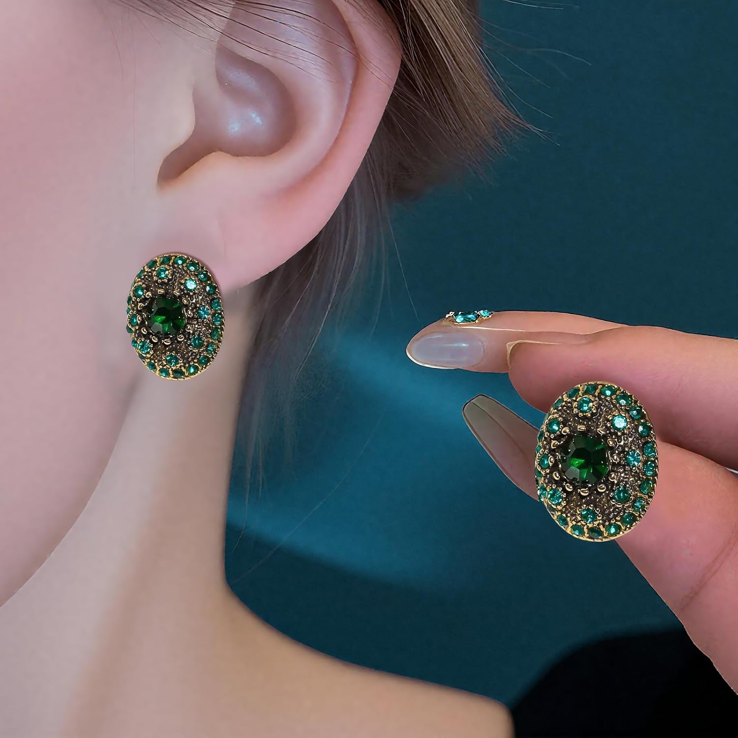 Silver Needle Vintage Emerald Earrings,Zircon Low-Allergenic Earring,Green Peacock earrings symbolizing good luck and protection,Exquisite Packaging - Image 2