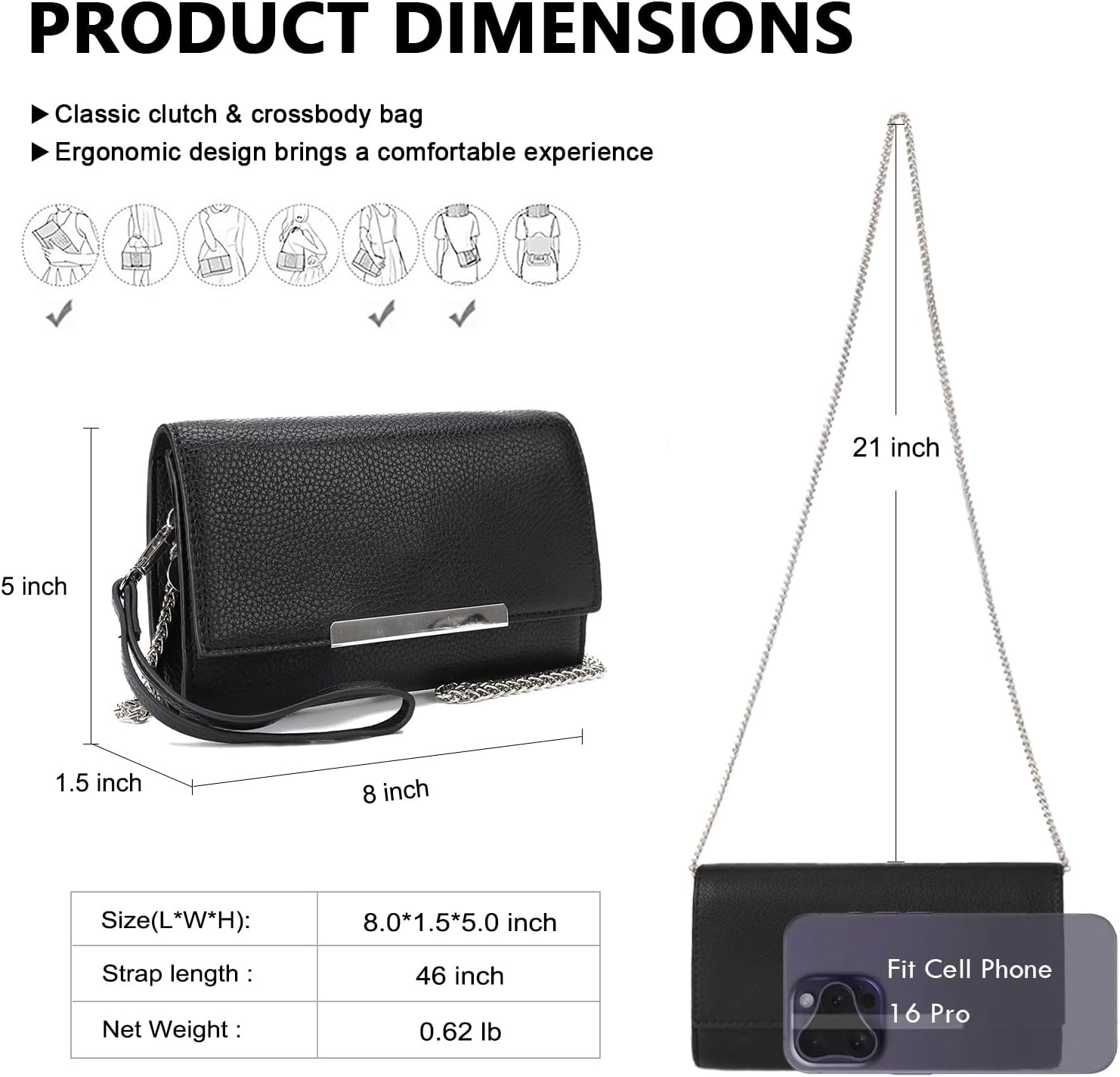 AFKOMST Valentines Day Gifts: Clutch Purse Evening Bag for Women Small Wristlet Handbag for Formal Wedding or Casual Outfits | Vegan Leather, Fit Phone,Passport, Detachable Chain - Image 5