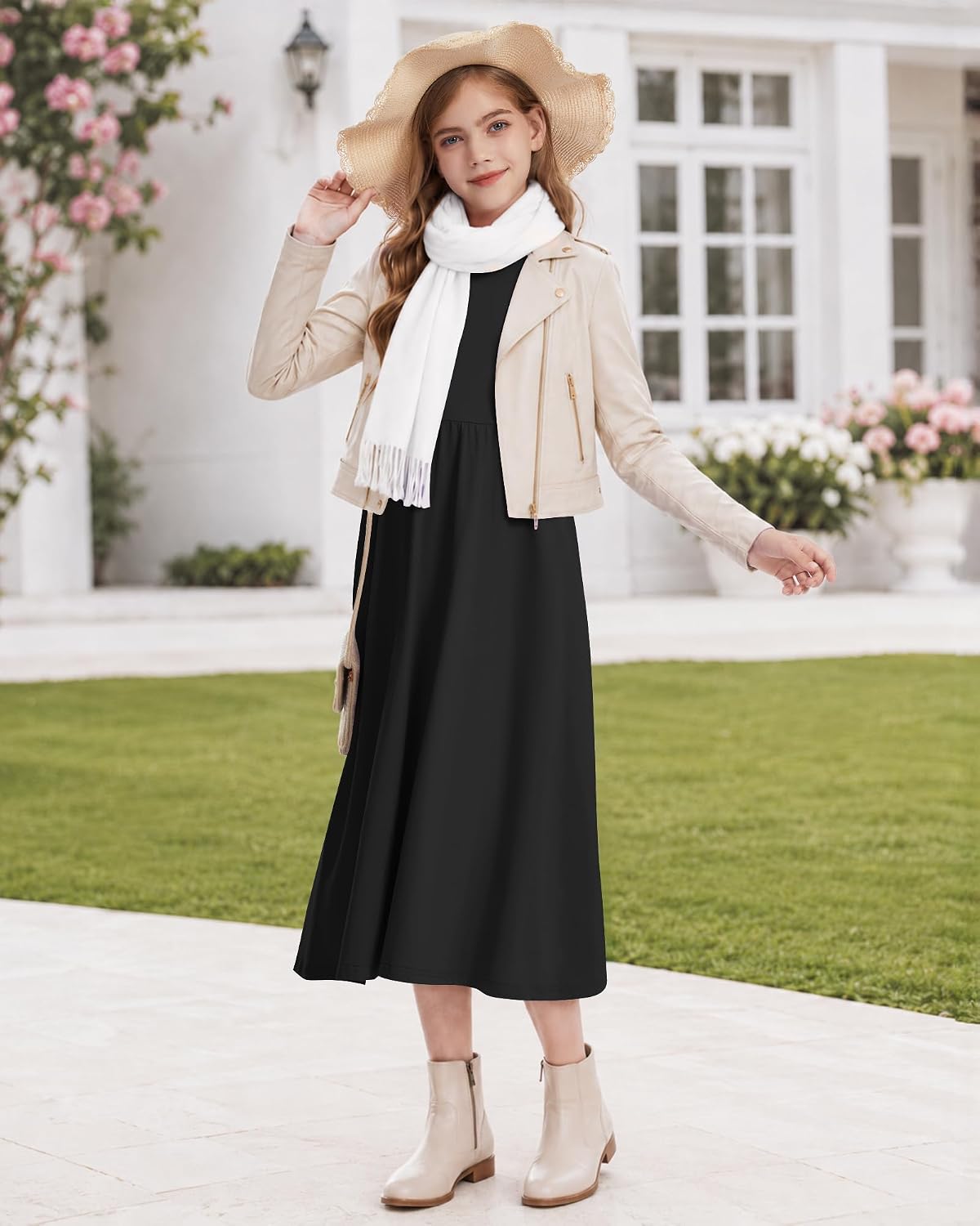 Girls Long Sleeve Crewneck Fall Empire Waist Dress with Pockets 2026