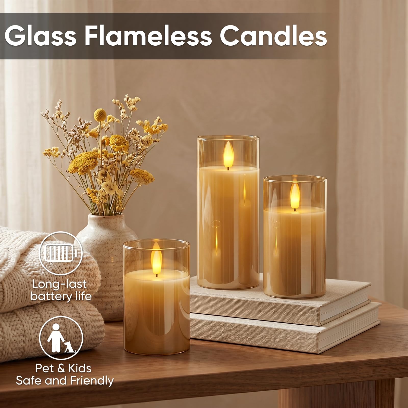 5plots Set di 3 candele a LED senza fiamma, con timer a distanza, in vera cera, luce tremolante calda per interni, Halloween, decorazioni natalizie, diametro 3 x altezza 12,7 cm, 15,2 cm