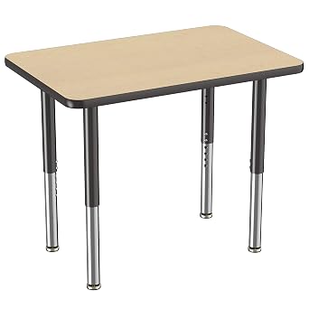 FDP Mobile Rectangle Activity School and Office Table 24 x 36 inch, Super Legs with Glides and Casters, Adjustable Height 19-30 inches - Maple Top and Black Edge