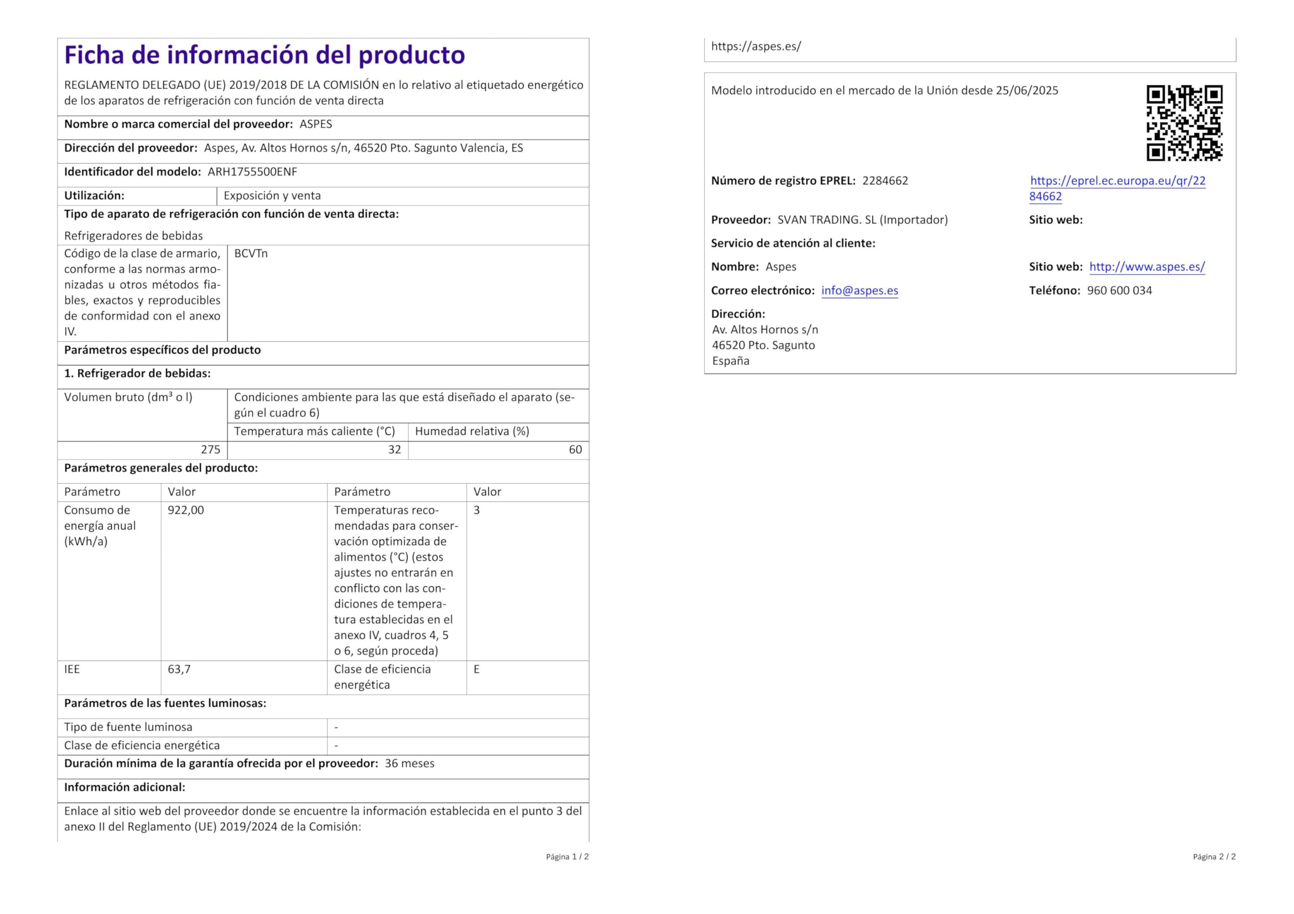 Aspes Frigorífico Horeca Negro, 1 Puerta ARH1755500ENF, Capacidad 275 Litros, Cíclica ventilada, Bajo Nivel Sonoro, Clasificación Energética E