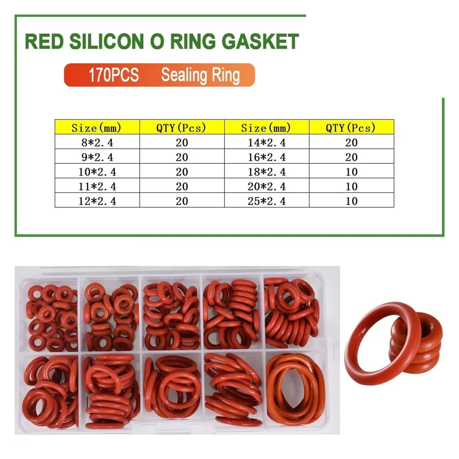 Juego de juntas tóricas rojas VMQ CS1-CS2.4(170Pcs CS2.4mm)