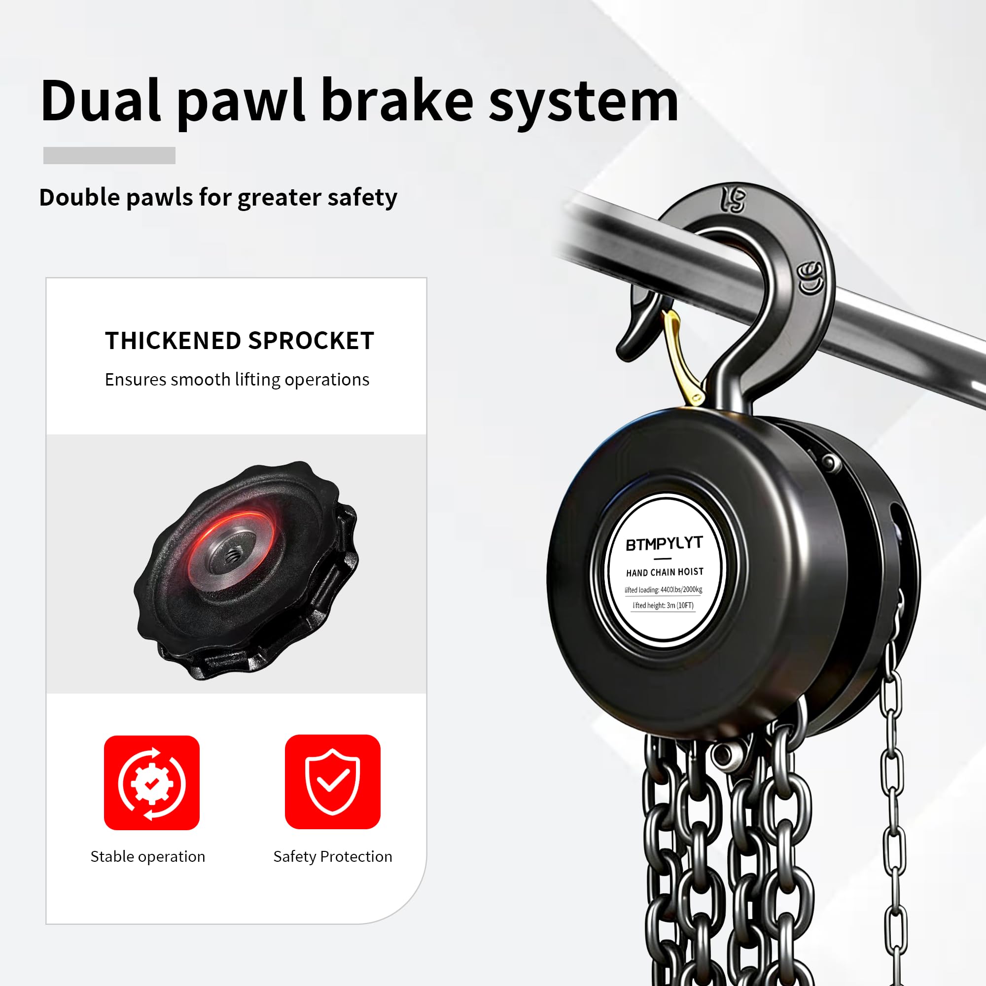 Manueller Kettenzug, 1 Tonne, 3 m Hubhöhe, 1000 kg Kapazität mit robusten Haken, schwarzer Handkettenblock für Lager, Garage, Werkstatt