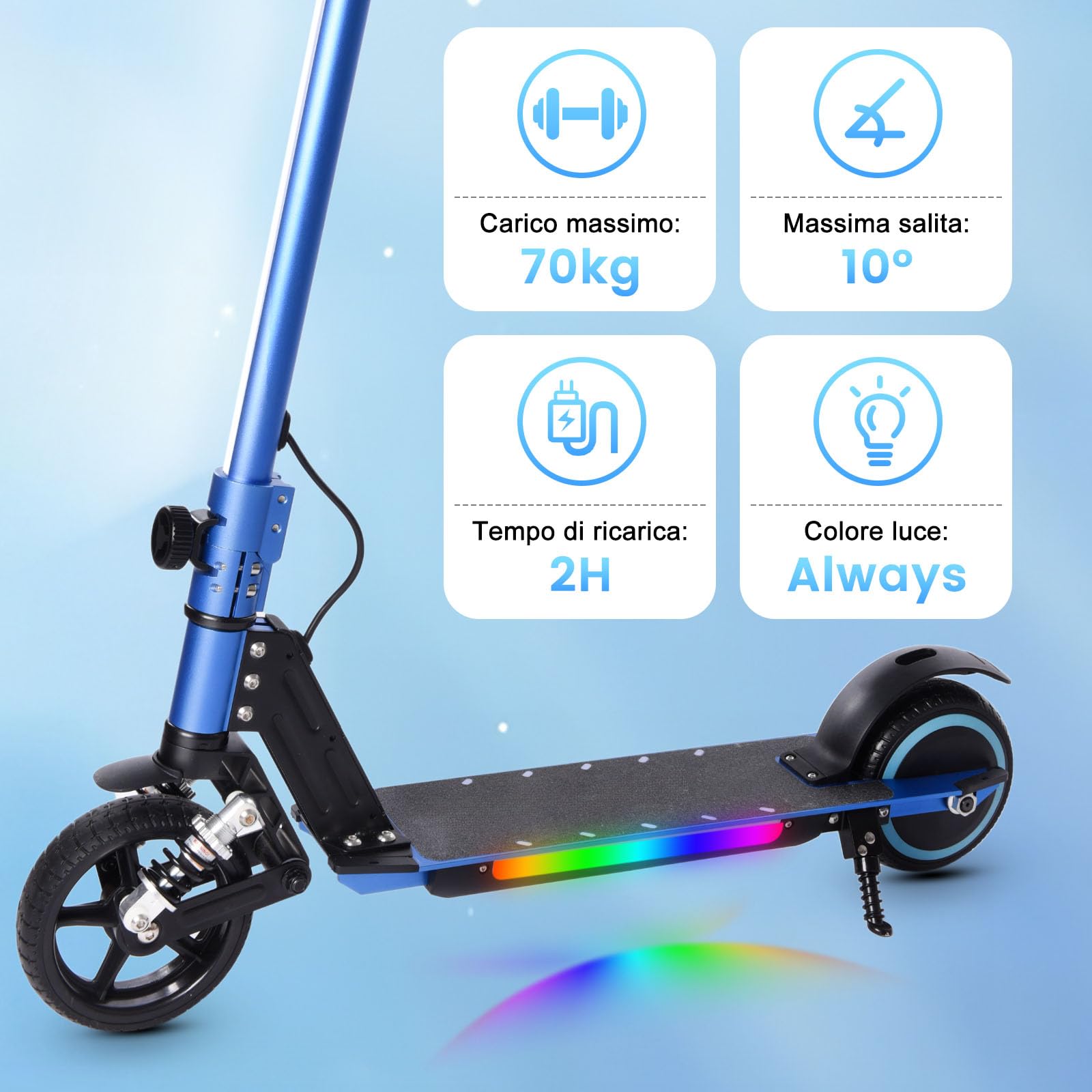 Monopattino elettrico per bambini, 6-12 anni, motore 130W, velocità max 14 km/h, autonomia 8 km, luci LED colorate, design pieghevole, monopattino sicuro per ragazzi e ragazze