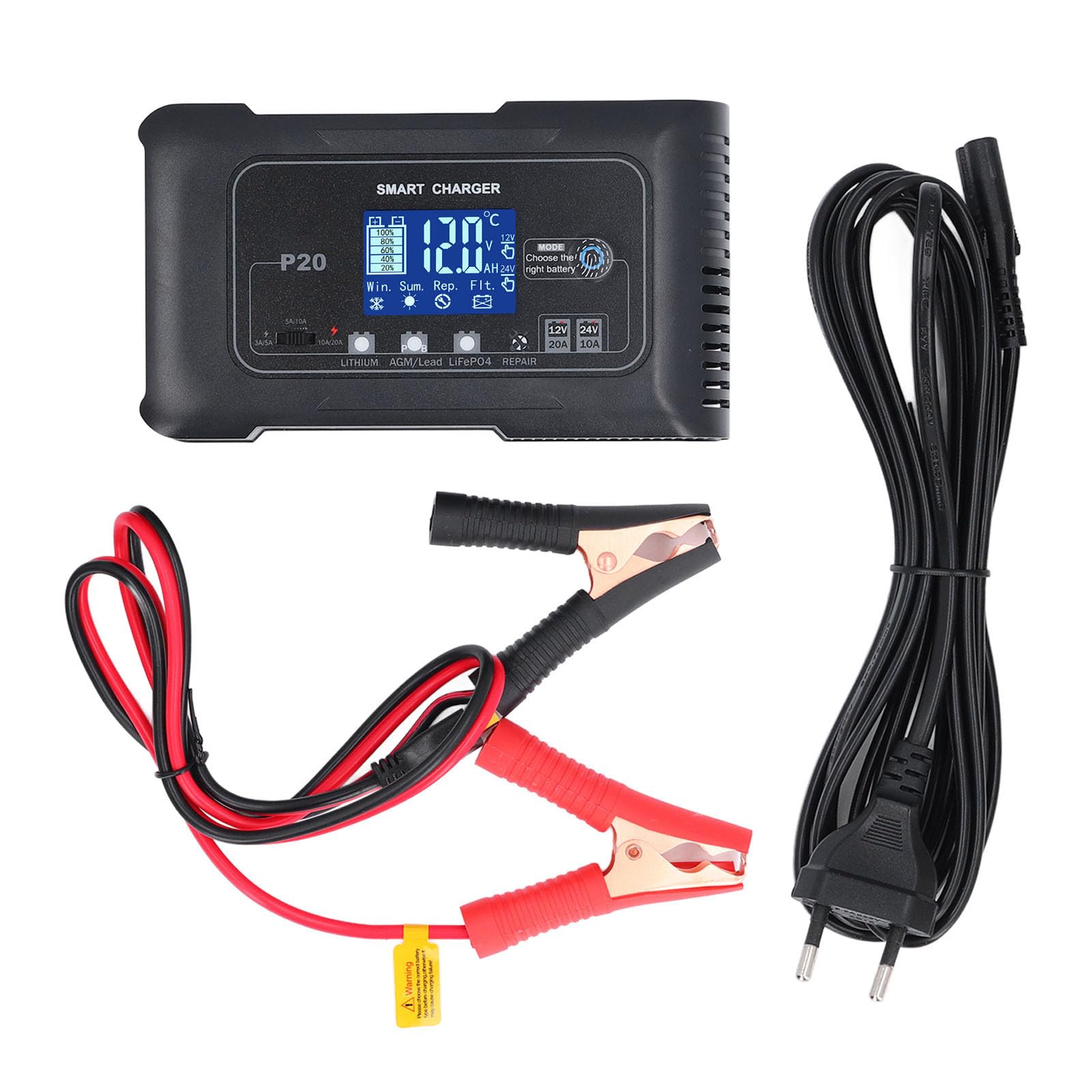 CHICIRIS Ładowarka Akumulatorów 12V 24V, Automatyczna Inteligentna ładowarka z funkcją Naprawy Impulsów i Wyświetlaczem LCD, do Mokrego Akumulatora Litowego AGM GEL EFB MF (wtyczka UE)